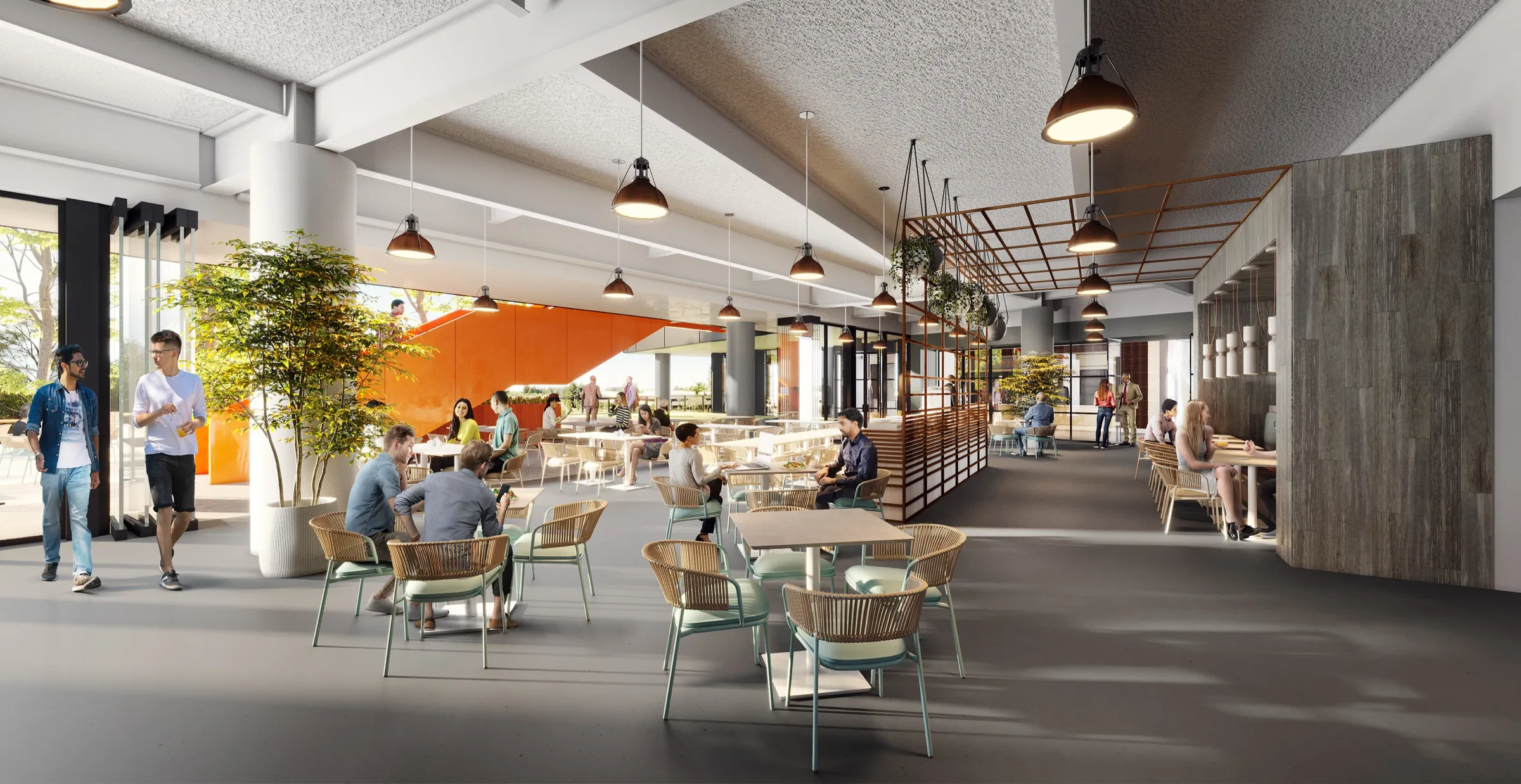 3D interior rendering of a hospitality-inspired social hub at LinkedIn's Mountain View headquarters, with woven lounge chairs, cafe seating, pendant lighting, an orange feature wall, and an open floor leading toward daylit glazing.