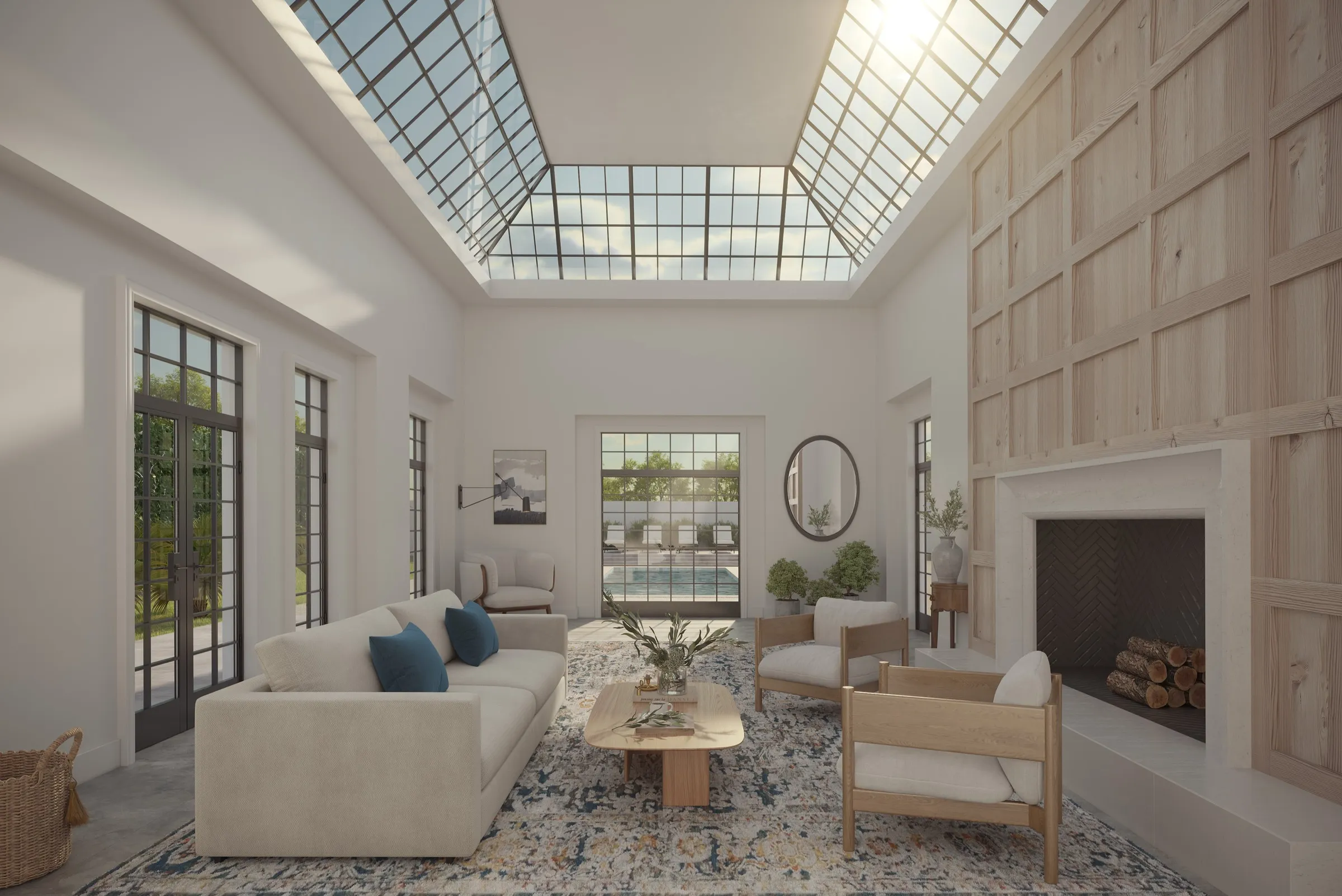 Interior 3D rendering of a pale living room under a glass skylight, with paneled walls, a fireplace and steel doors
