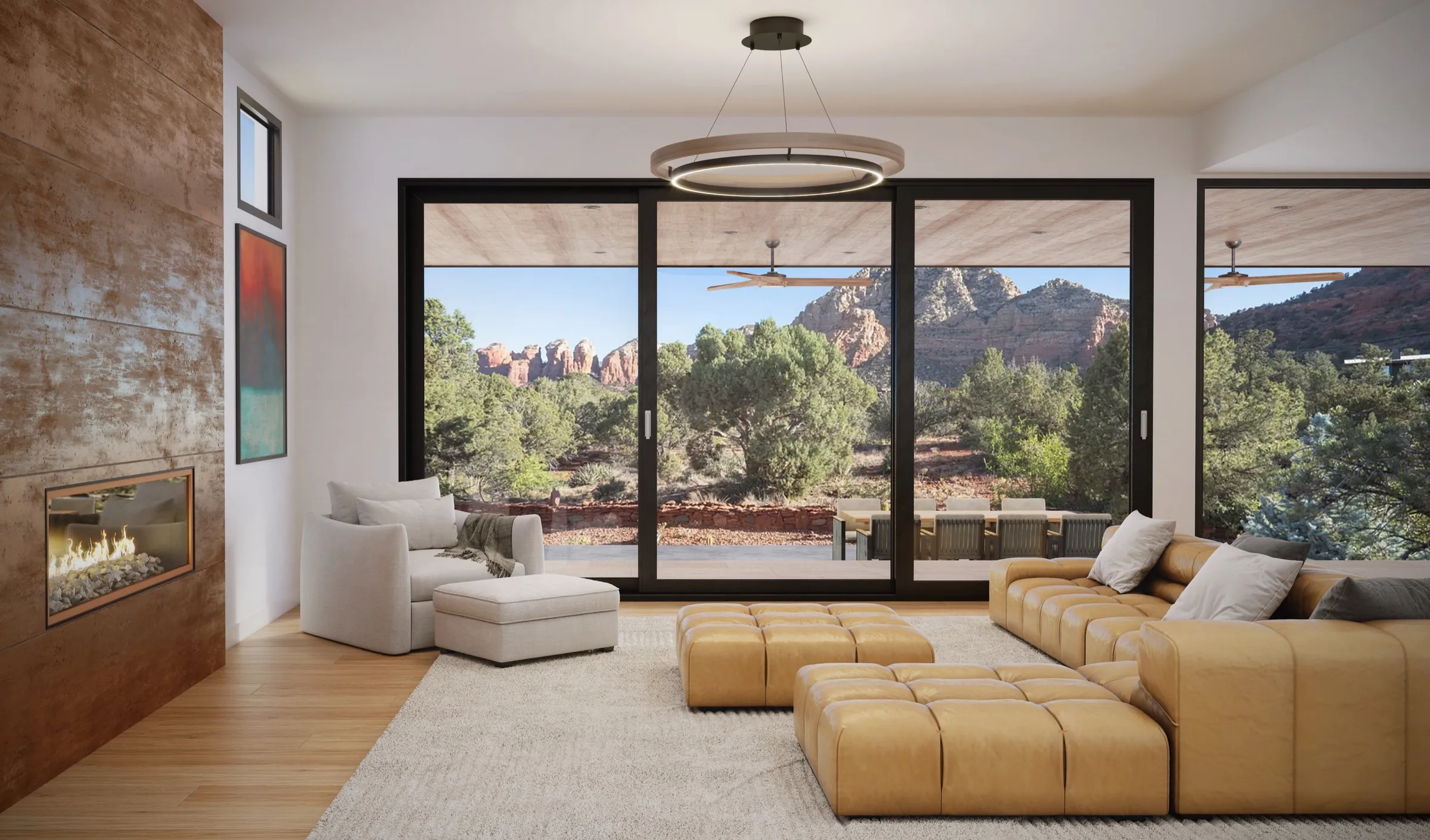 Interior 3D rendering of a modern living room with a caramel sectional, a steel fireplace wall and black-framed sliding doors open to a red-rock desert view