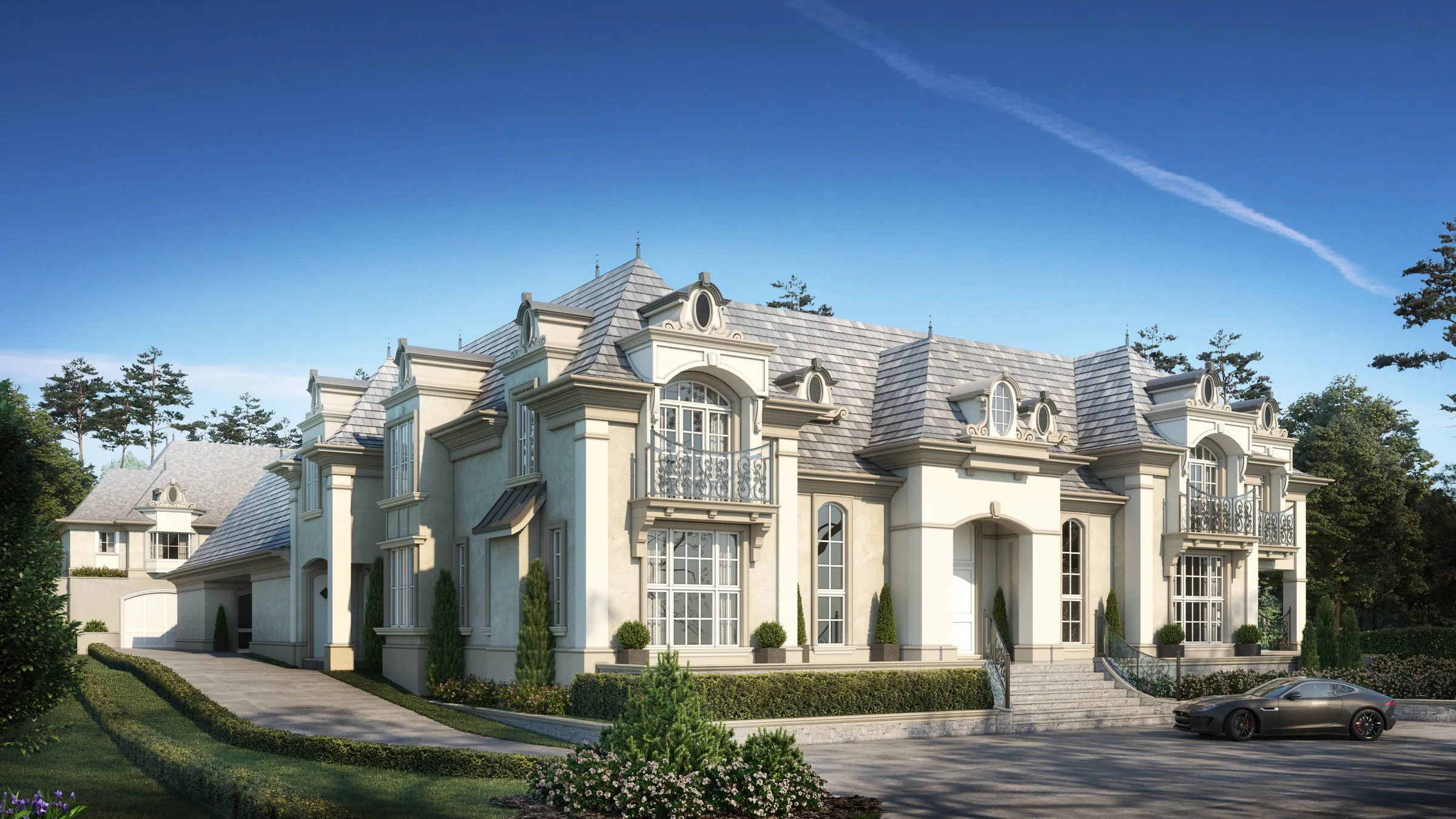 Photorealistic 3D rendering by NoTriangle Studio of a French chateau style house on Marine Drive in Altamont, West Vancouver, with cream stucco walls, grey slate roofs, oval dormers, iron balconies and a sports car on the forecourt.