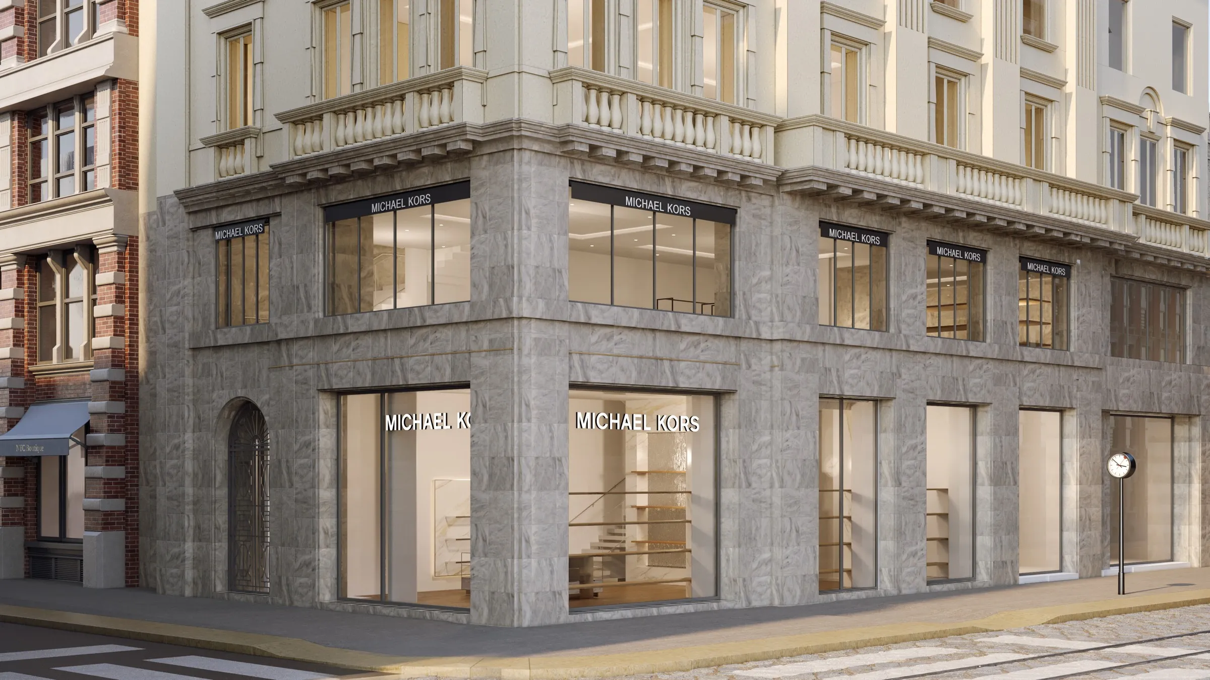 3D rendering of the Michael Kors store on Via Montenapoleone in Milan, wrapping a corner in grey veined marble with black-framed windows and Michael Kors signage beneath a classical Milanese facade.