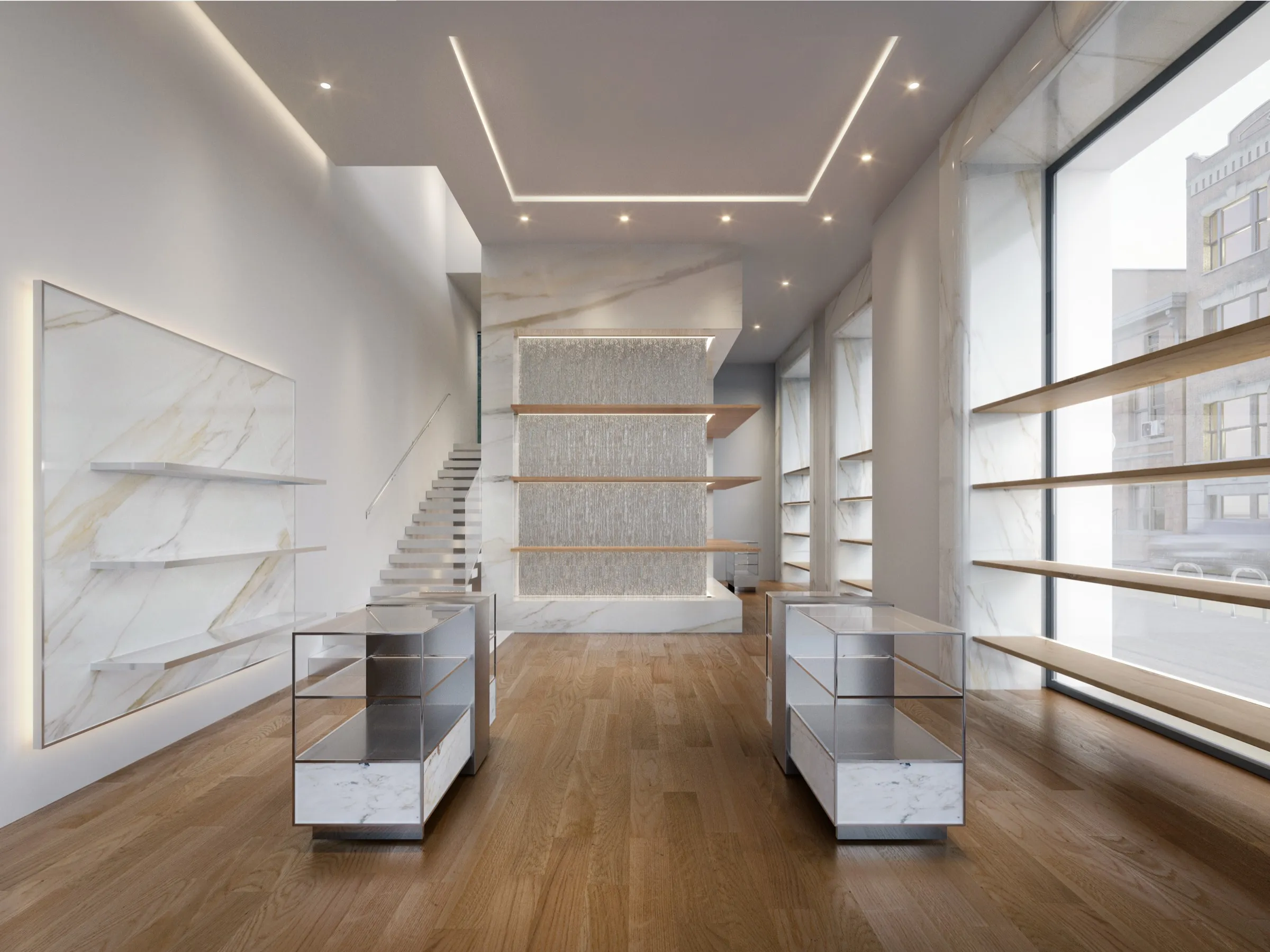Interior 3D rendering of the Michael Kors Via Montenapoleone ground floor in Milan, pale marble and oak with a sculptural stair, backlit stone display walls, and full-height windows onto the street.