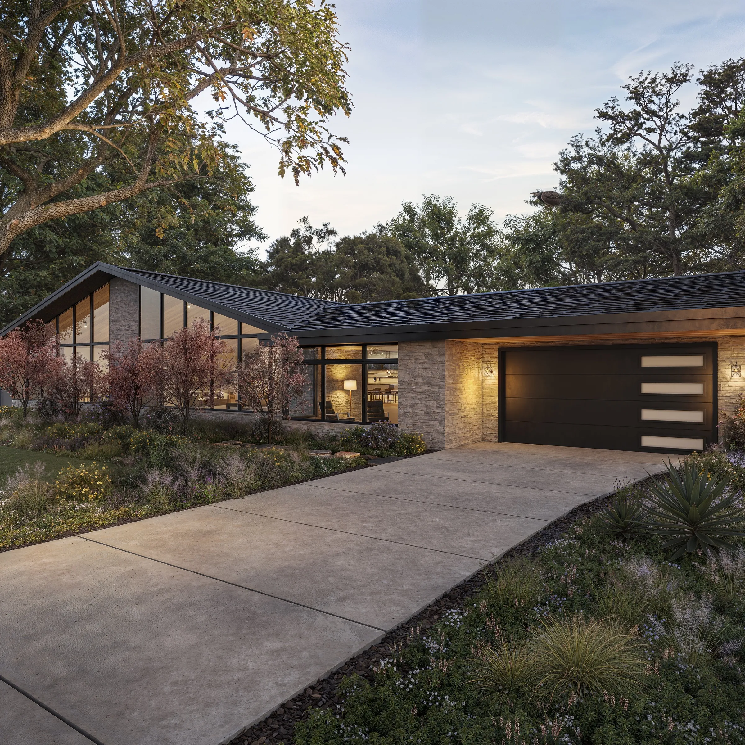 Exterior 3D rendering of a single-story mid-century modern home under oak trees, with a long drive and a dark garage door with frosted lites