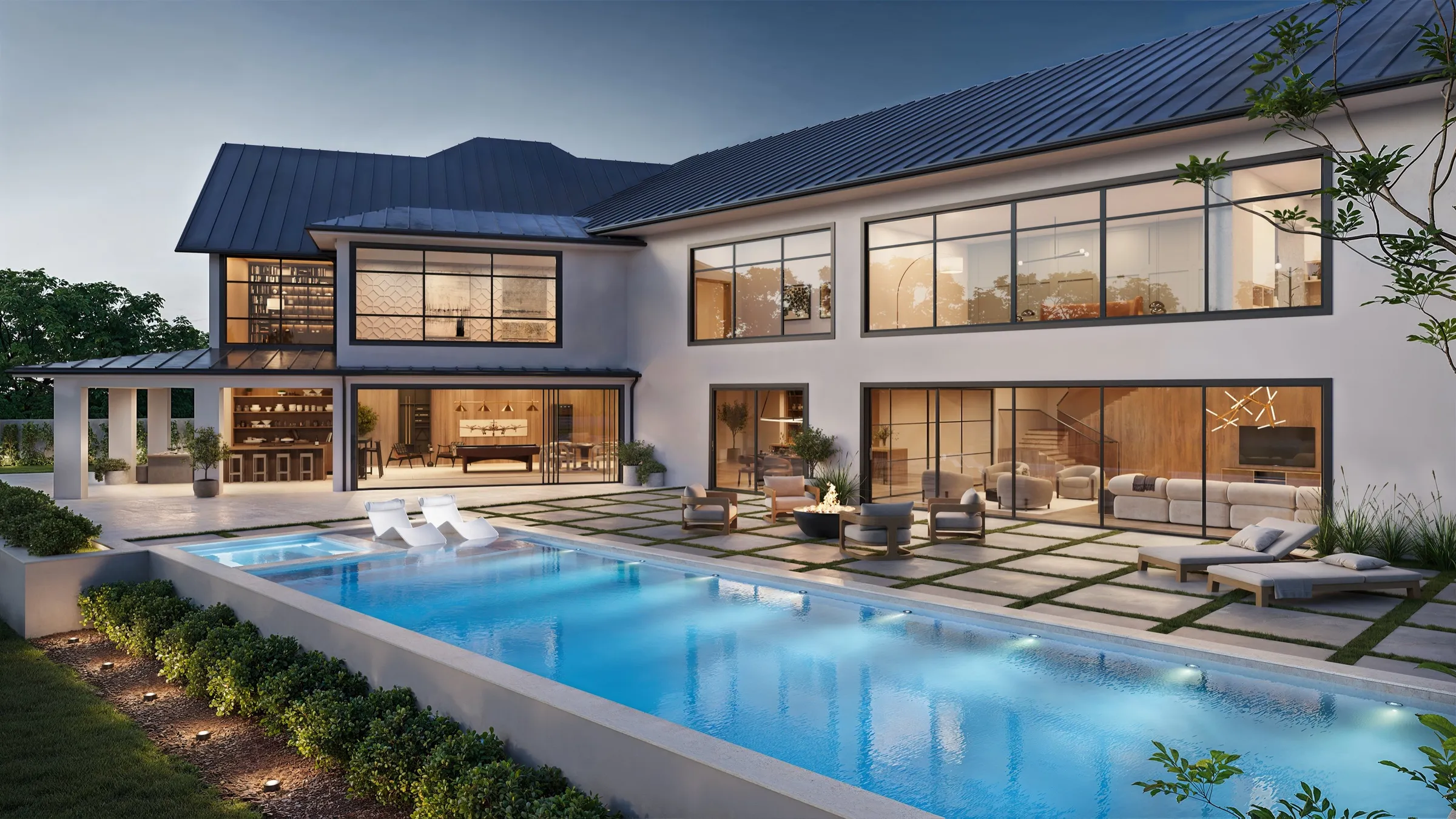 Dusk 3D rendering of a white modern farmhouse with a metal roof and walls of glass along a long lit pool