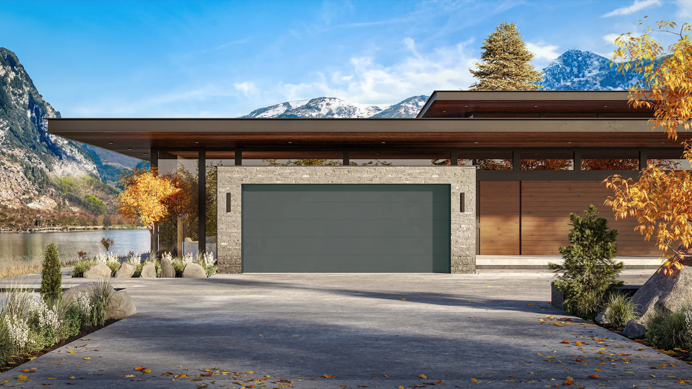 Exterior 3D rendering of a low modern lake house in stone and glass, with autumn trees and snow-capped mountains behind