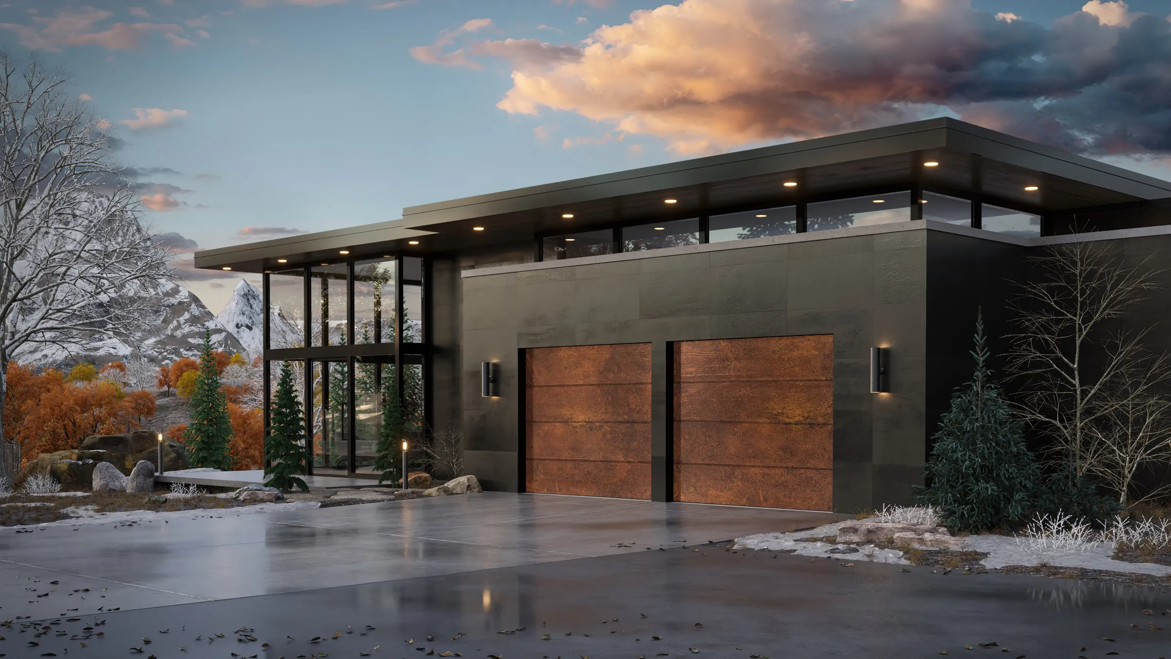 Dusk 3D rendering of a flat-roofed modern mountain home in dark panels and glass, with rust-toned garage doors and a wet stone drive