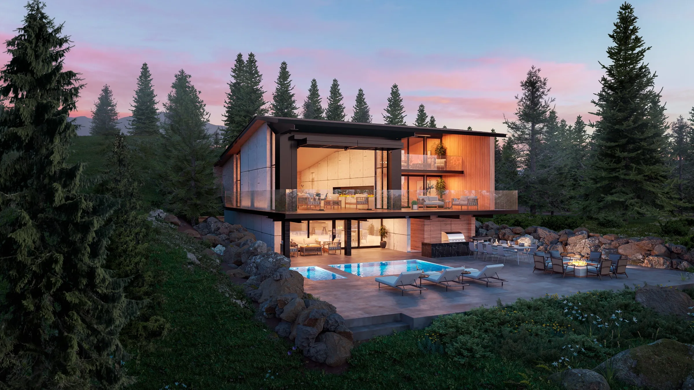 Summer dusk 3D rendering of a modern mountain home among pines, its glass wall open to a lit terrace and pool