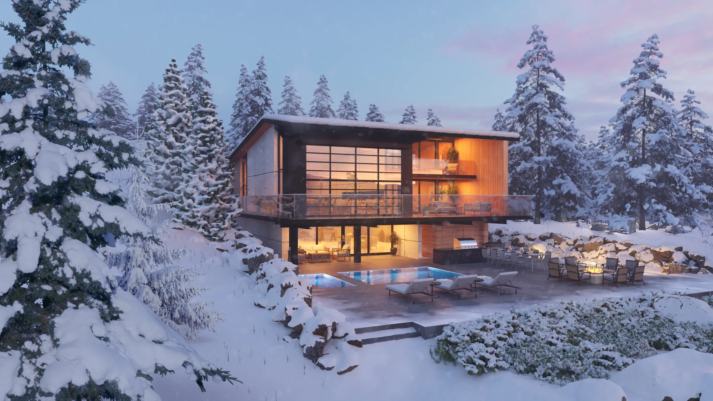 Winter 3D rendering of a modern mountain home in the snow at dusk, with a glass garage door and a lit terrace