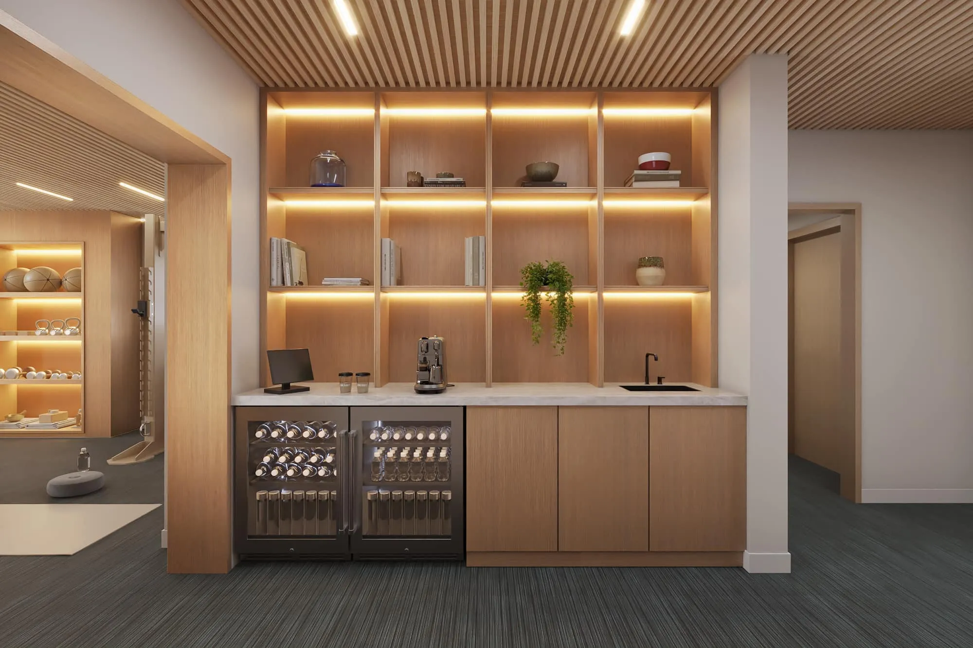 3D rendering of the coffee and refreshment bar at a boutique mountain-town studio, with a marble counter, backlit wood shelving, an espresso machine, and glass-front beverage fridges.