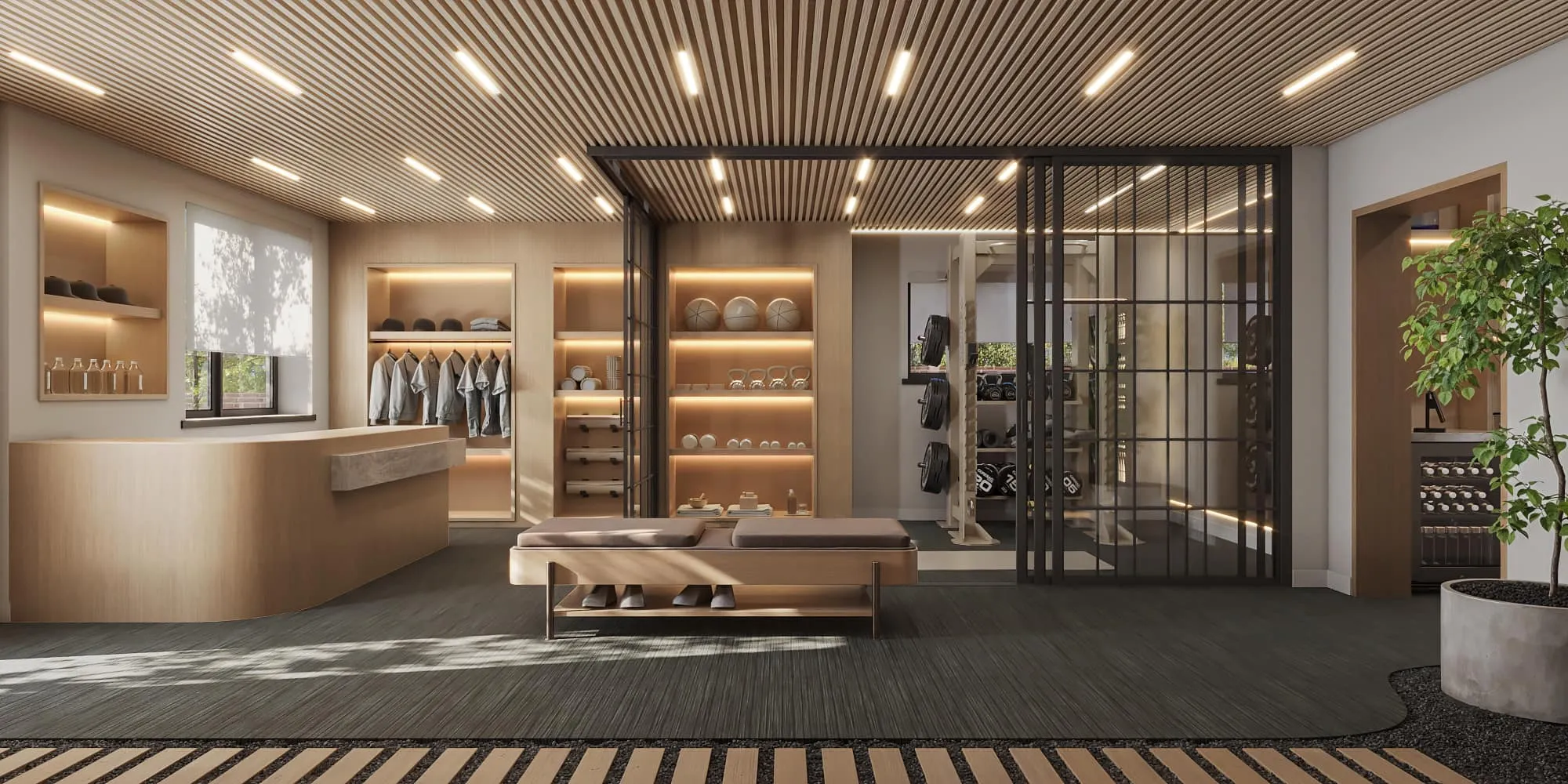 3D rendering of the reception and retail area at a boutique mountain-town studio, with a curved wood desk, backlit shelving displaying apparel and accessories, and a glass-partitioned training area beyond.