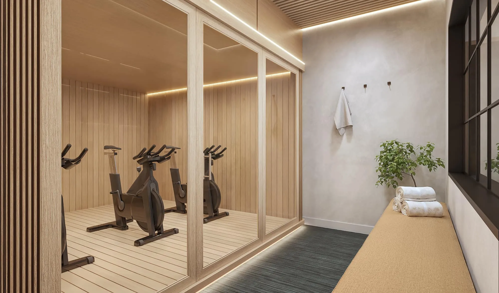 3D rendering of a glass-walled, wood-lined training studio at a boutique mountain-town studio, fitted with a row of stationary spin bikes, with a towel bench and a potted plant alongside.