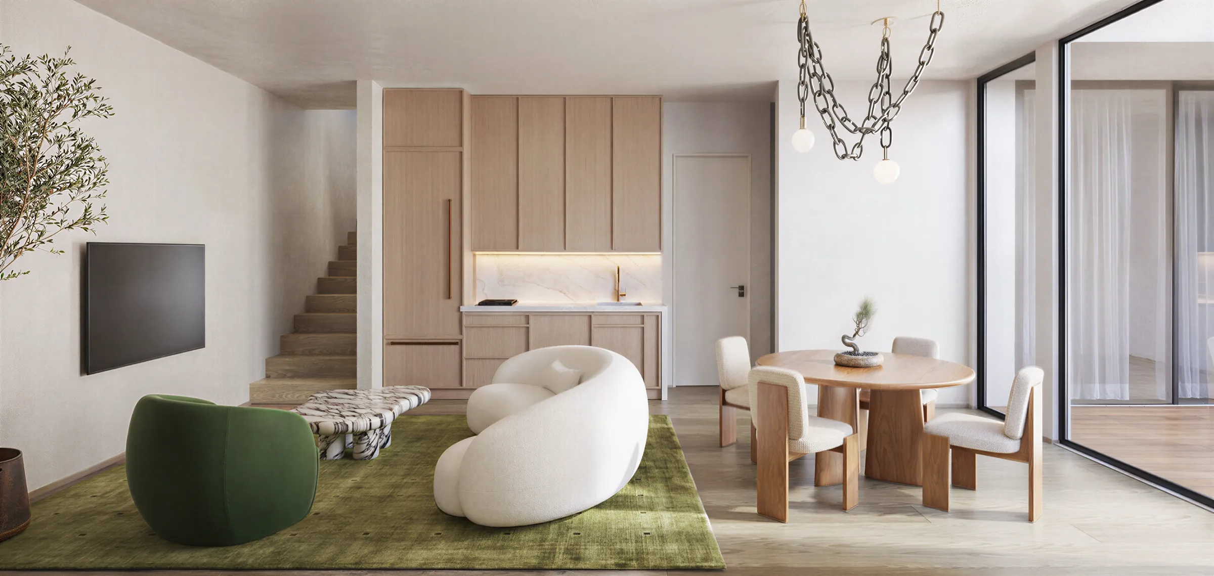 Photorealistic 3D rendering by NoTriangle Studio of the ADU of a new house on Mountain View Avenue, Mar Vista: a white sculptural sofa and green armchair on a moss rug, an oak kitchenette and a round dining table under a chain pendant.