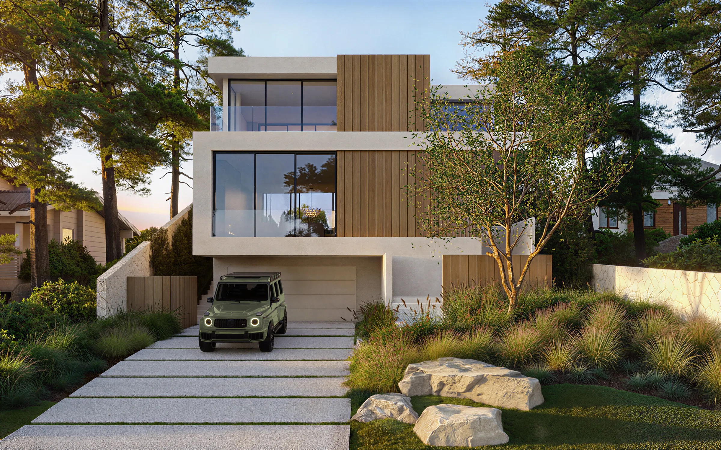 Photorealistic 3D rendering by NoTriangle Studio of the front of a new house on Mountain View Avenue, Mar Vista: two glass-fronted floors in pale plaster and vertical timber above the garage, a green SUV on a stepped concrete drive, grasses and boulders.