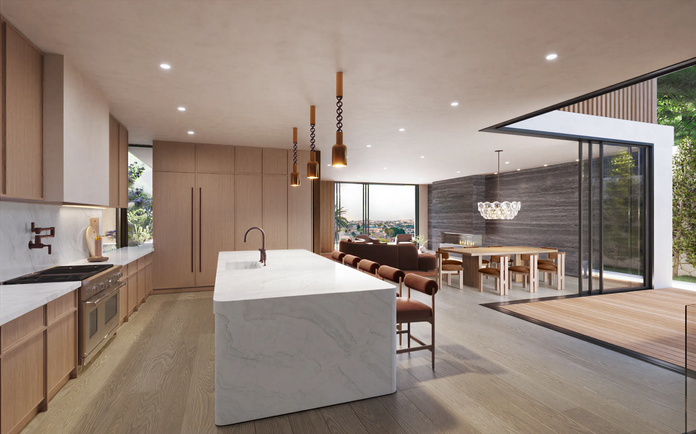 Photorealistic 3D rendering by NoTriangle Studio of the kitchen of a new house on Mountain View Avenue, Mar Vista: a white marble island with leather stools, oak cabinets, amber pendants, and glass doors opening onto a timber deck.