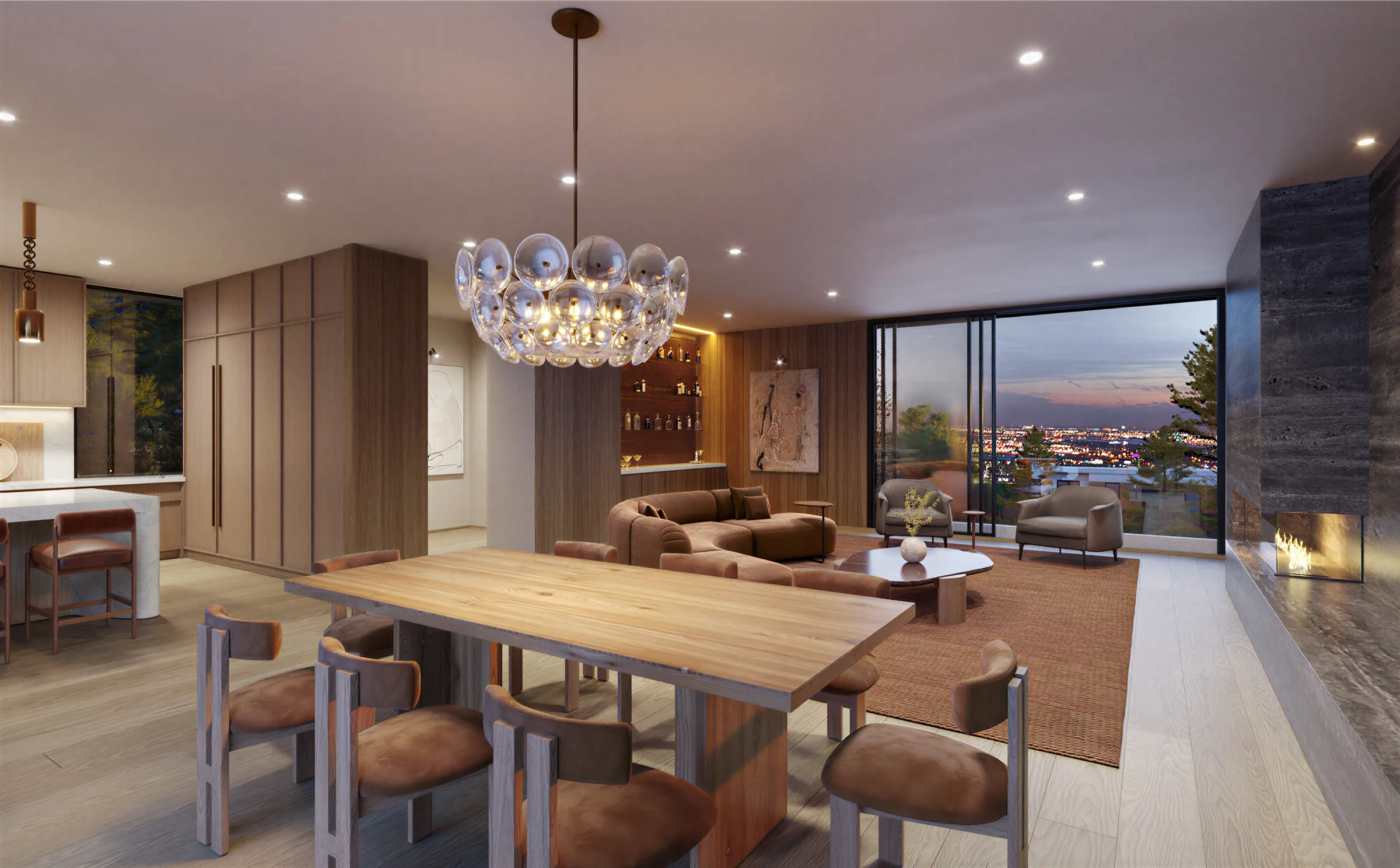 Photorealistic 3D rendering by NoTriangle Studio of the living and dining room of a new house on Mountain View Avenue, Mar Vista, in the evening: an oak table under a glass-globe chandelier, a curved sofa, a stone fireplace wall and city lights beyond the glass.
