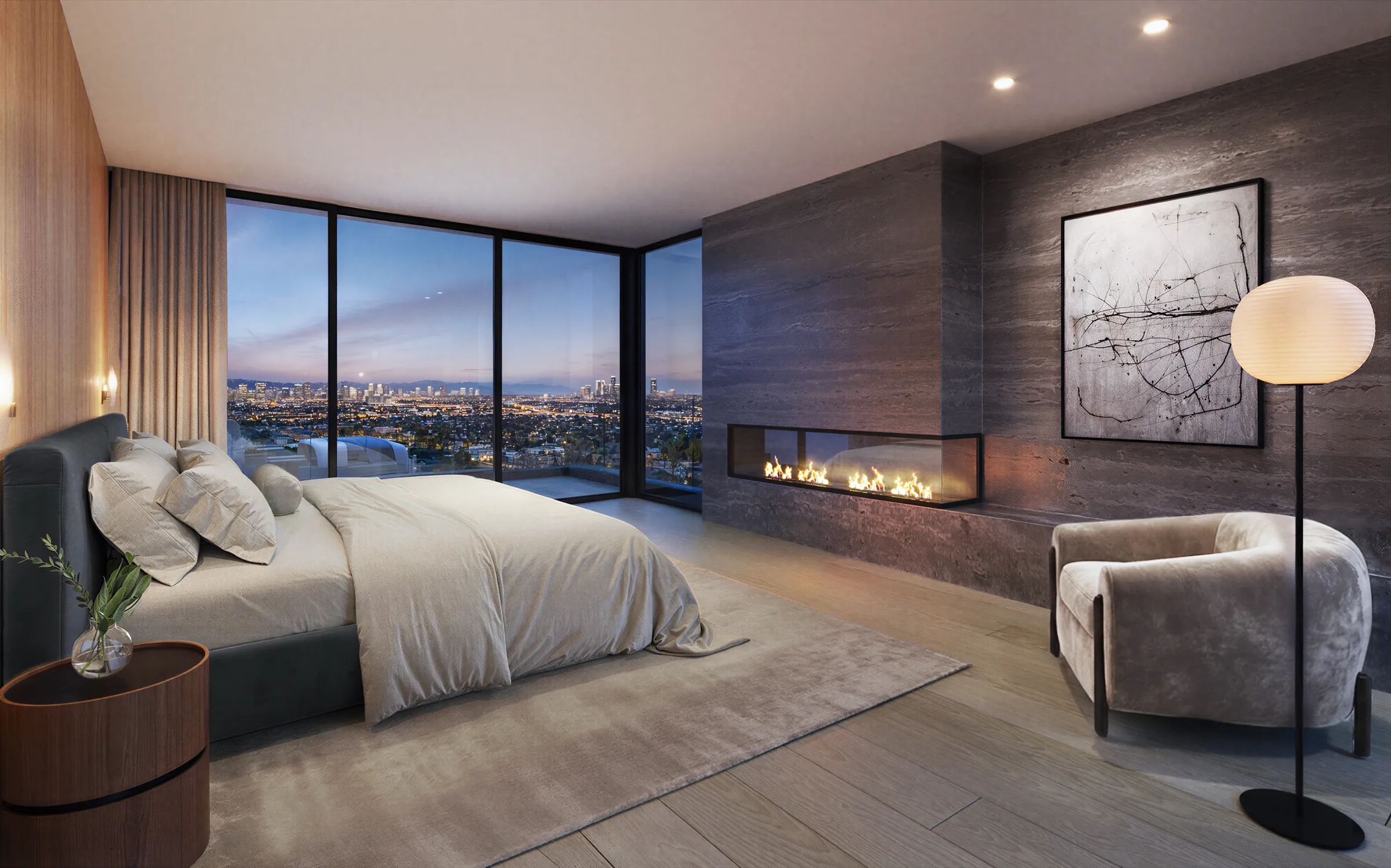 Photorealistic 3D rendering by NoTriangle Studio of the primary bedroom of a new house on Mountain View Avenue, Mar Vista, at dusk: a linear fireplace in a grey stone wall, a boucle armchair and corner glass onto the lights of the city.