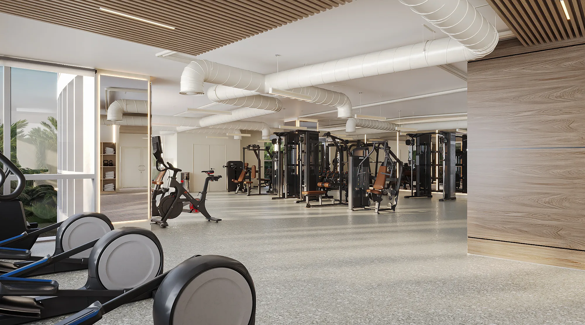 3D rendering of the Murano Grande fitness center on South Beach, with cardio machines and strength stations beneath exposed white spiral ductwork and wood-slat ceiling accents, shown with a light terrazzo floor.