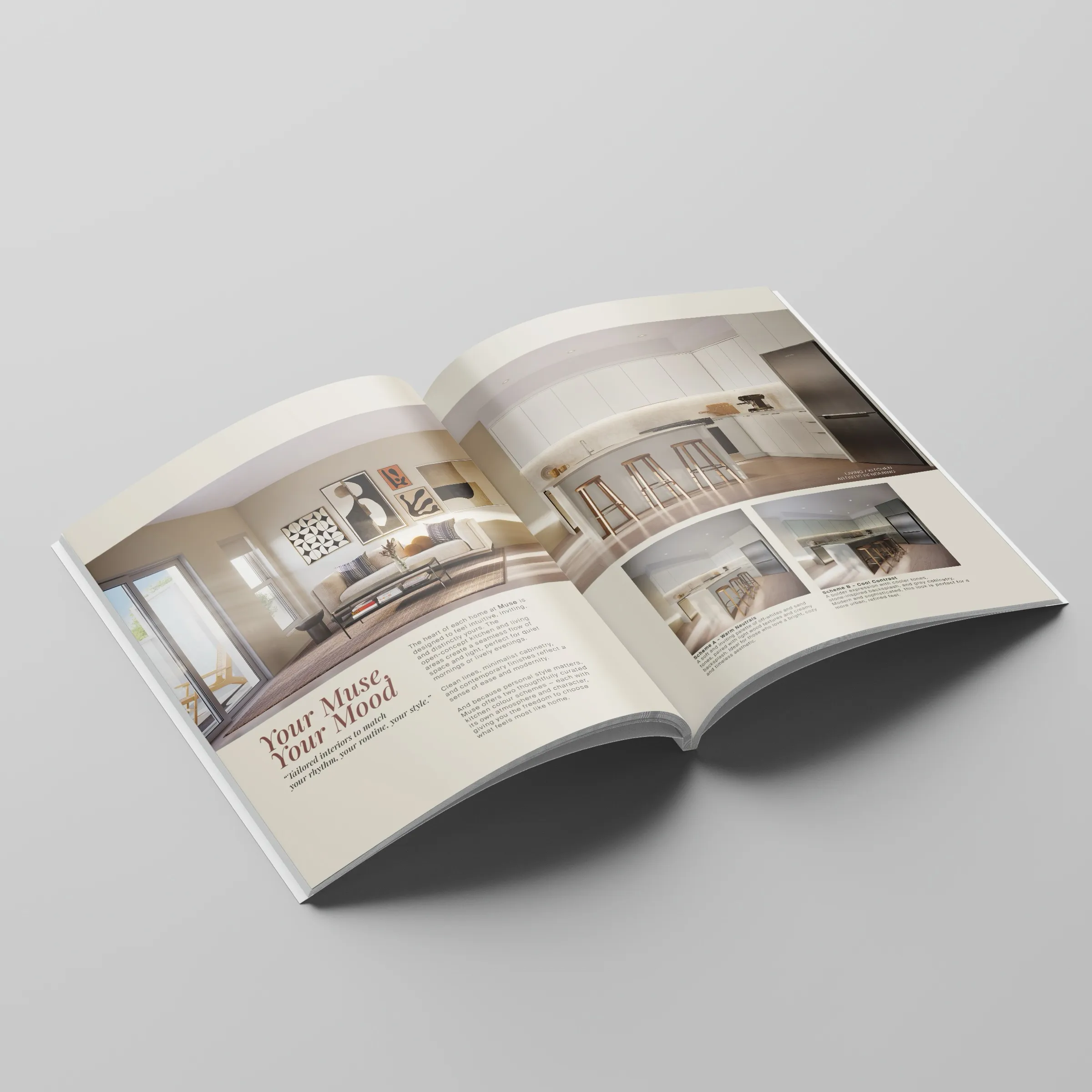 Open Muse sales brochure showing living room and kitchen 3D renderings in both interior colour schemes, titled Your Muse, Your Mood.