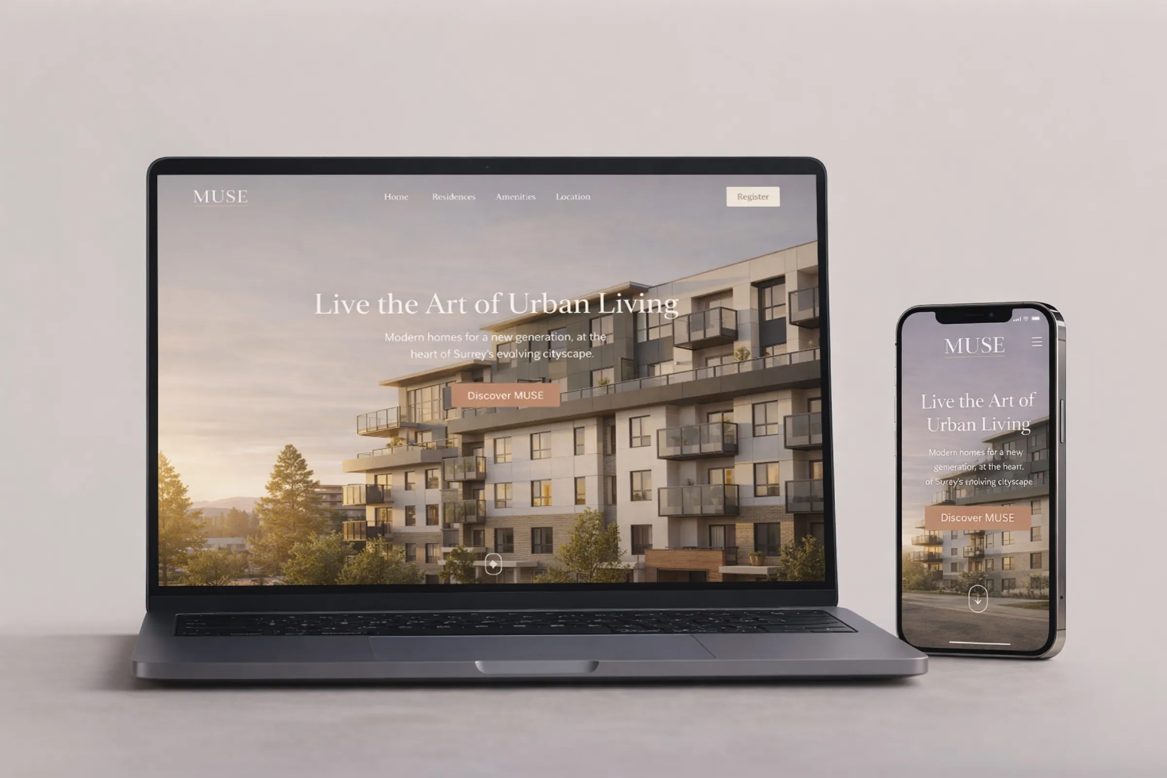 The Muse project website on a laptop and a phone, with the exterior 3D rendering of the six-storey Surrey condominium at sunset as the hero image.