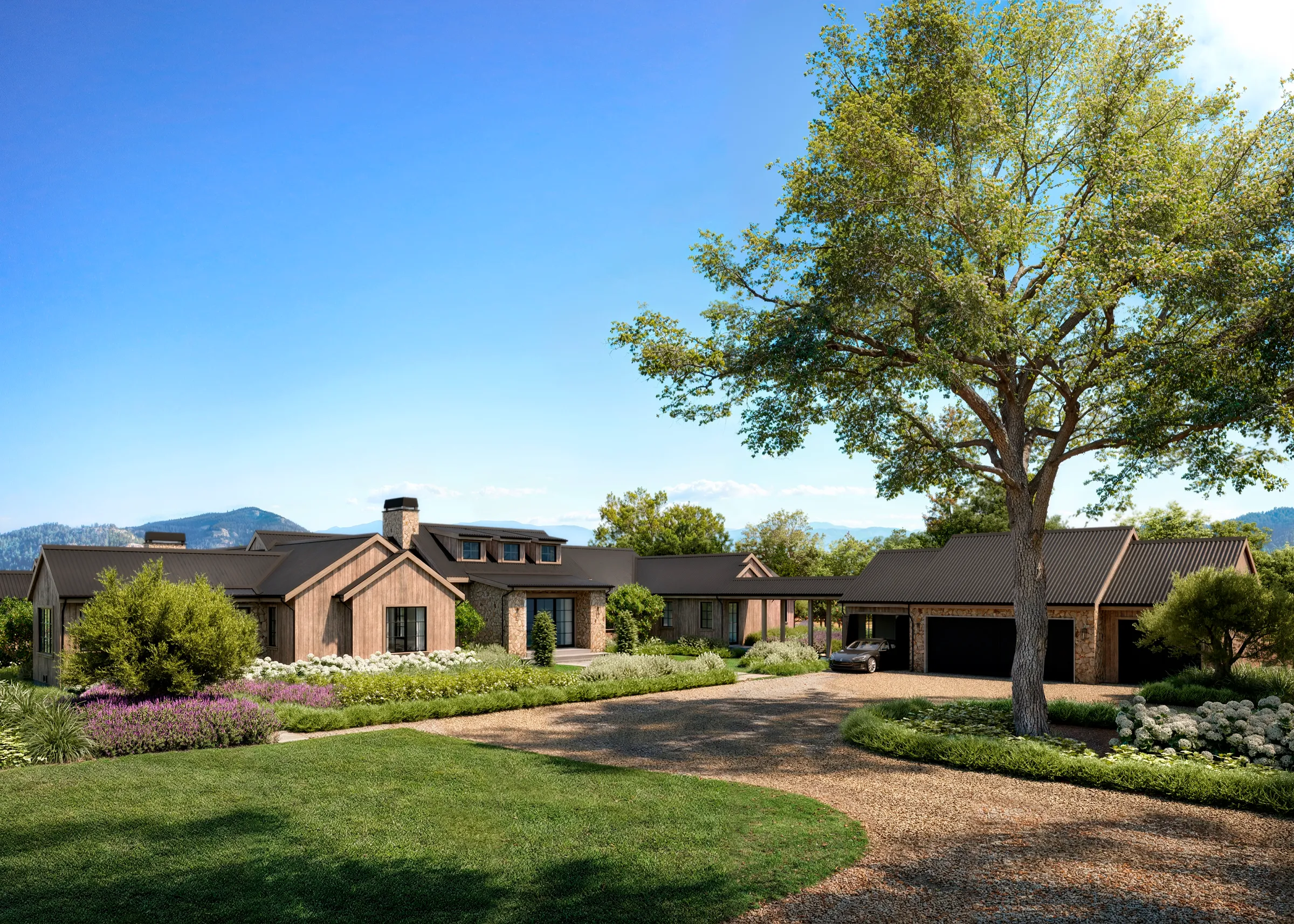 3D rendering of the gravel motor court at a Napa Valley estate in St. Helena, the board-and-batten and stone house with its black metal roof spread low behind layered planting, a single oak at the entry.