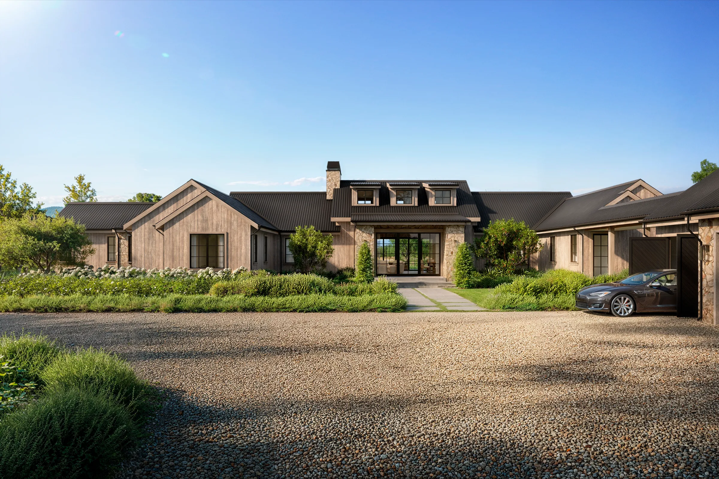 Front facade 3D rendering of a Napa Valley estate in St. Helena, a board-and-batten and stone home with a black metal roof and a glazed entry, set behind a gravel motor court and native planting under the hills.