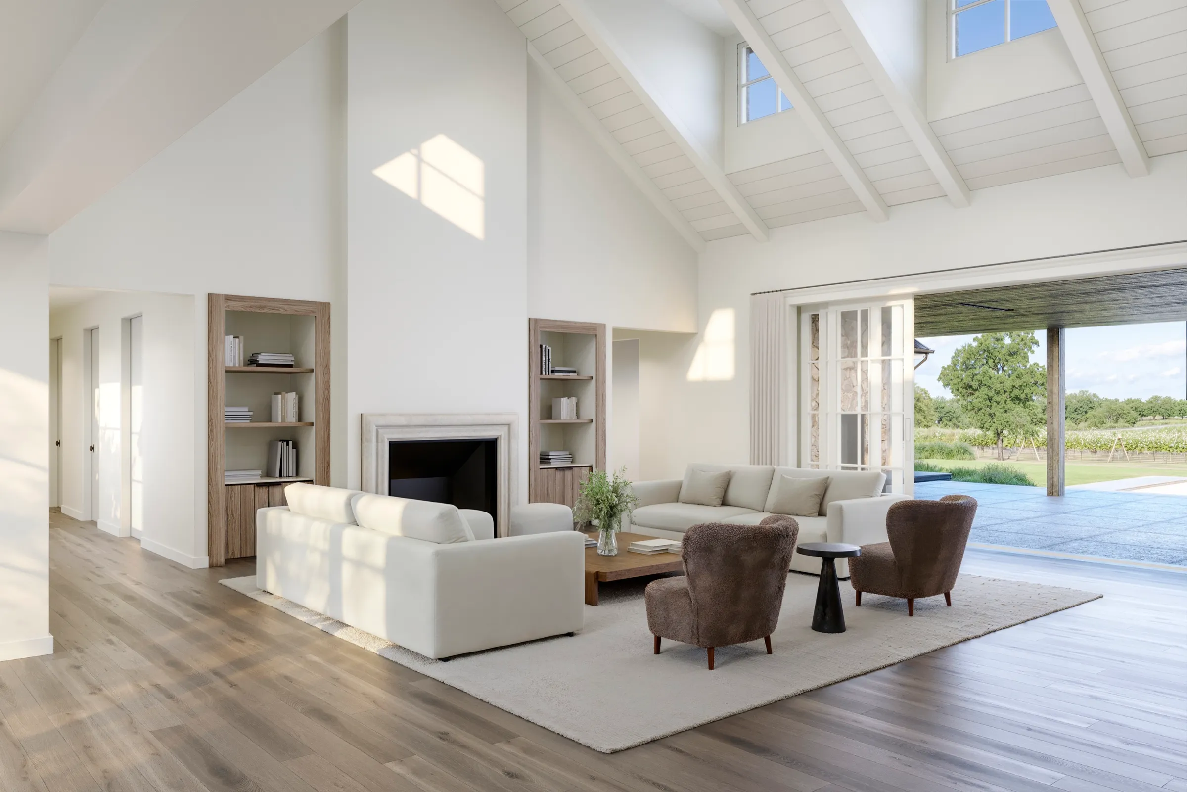 Interior 3D rendering of the great room at a Napa Valley estate in St. Helena, a vaulted white-painted ceiling over a neutral seating group, a stone fireplace flanked by oak shelving, and a wall of glass sliding open to the vineyards.