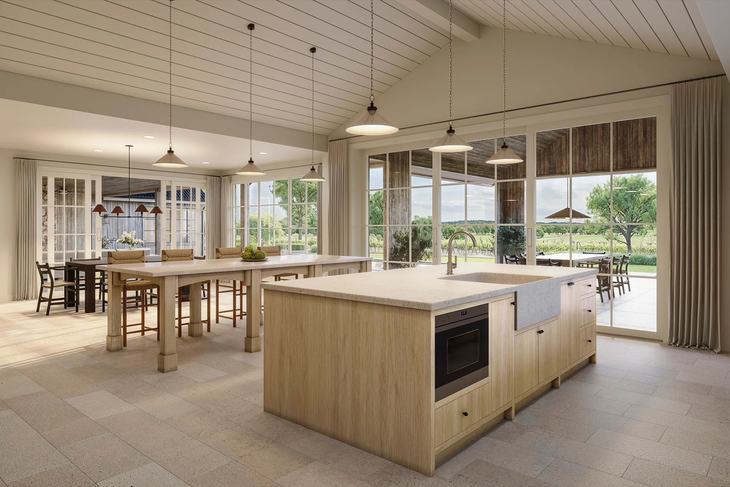 Interior 3D rendering of the kitchen at a Napa Valley estate in St. Helena, pale oak cabinetry and a stone island under a board ceiling and pendant lights, with vineyard windows and an adjoining dining area.