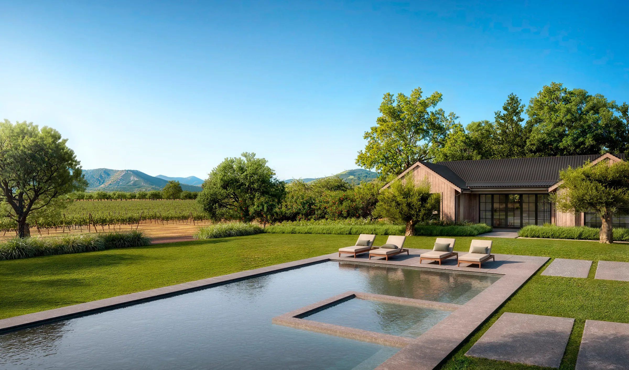 3D rendering of the pool and guest house at a Napa Valley estate in St. Helena, a long stone-edged pool and spa on a lawn looking out to the vineyards and hills, the gabled guest house to one side.