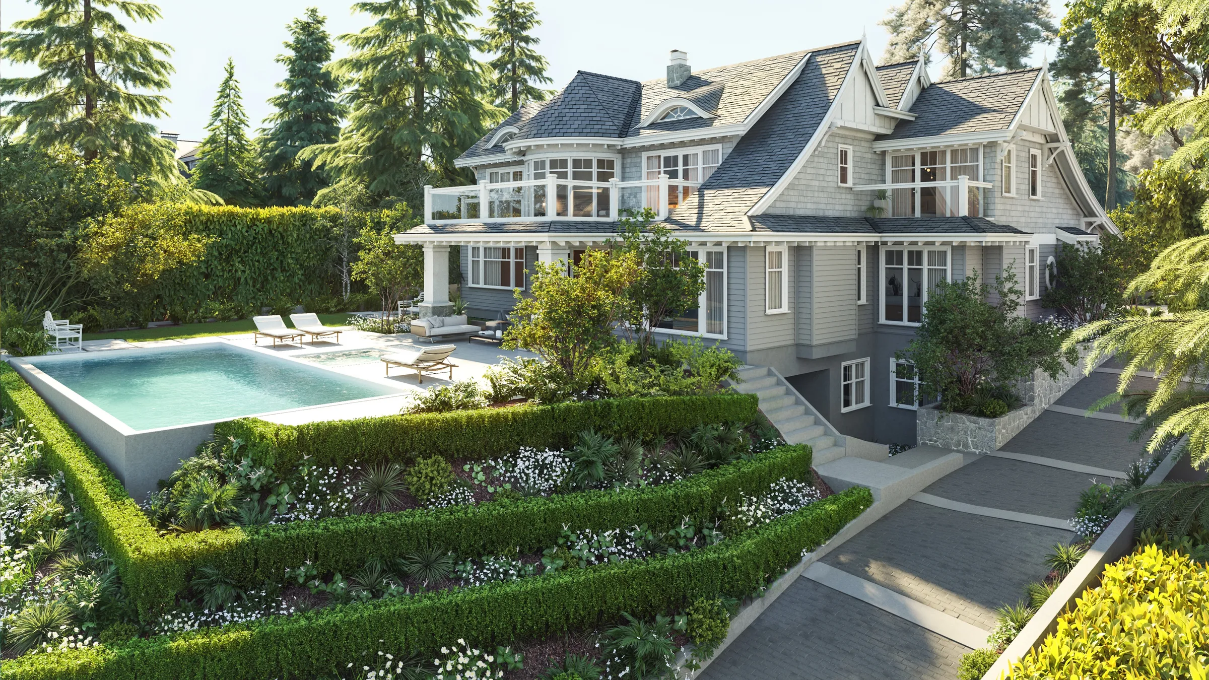 Photorealistic 3D rendering by NoTriangle Studio of a grey shingle style house on Nelson Avenue, West Vancouver, with white trim, a wraparound balcony, an infinity pool and terraced hedges stepping down to the driveway.