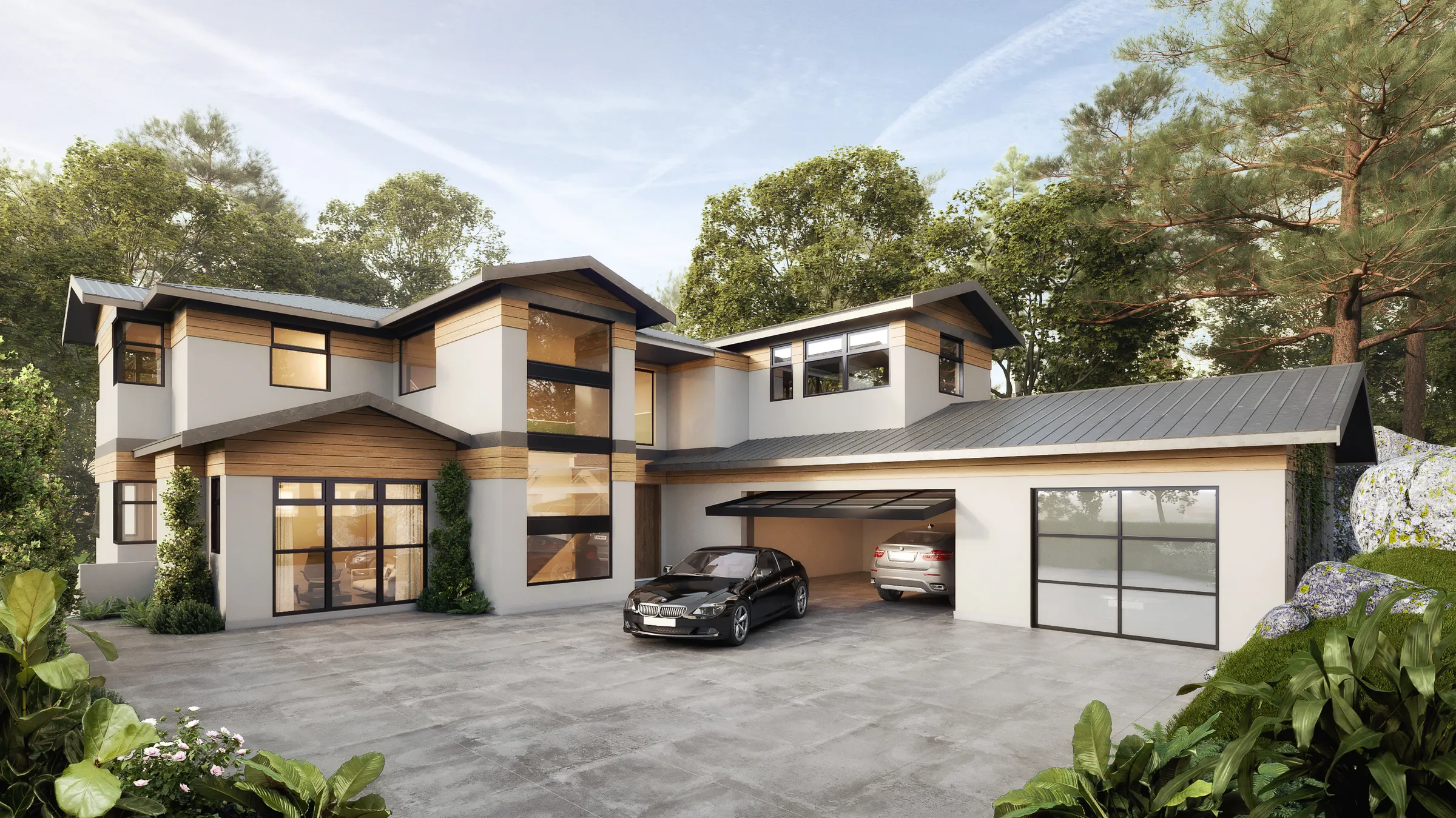 Photorealistic 3D rendering by NoTriangle Studio of a West Coast contemporary house on Piccadilly North, West Vancouver, in white stucco with wood bands, tall black framed windows, a metal roof and an open garage off a wide concrete driveway.