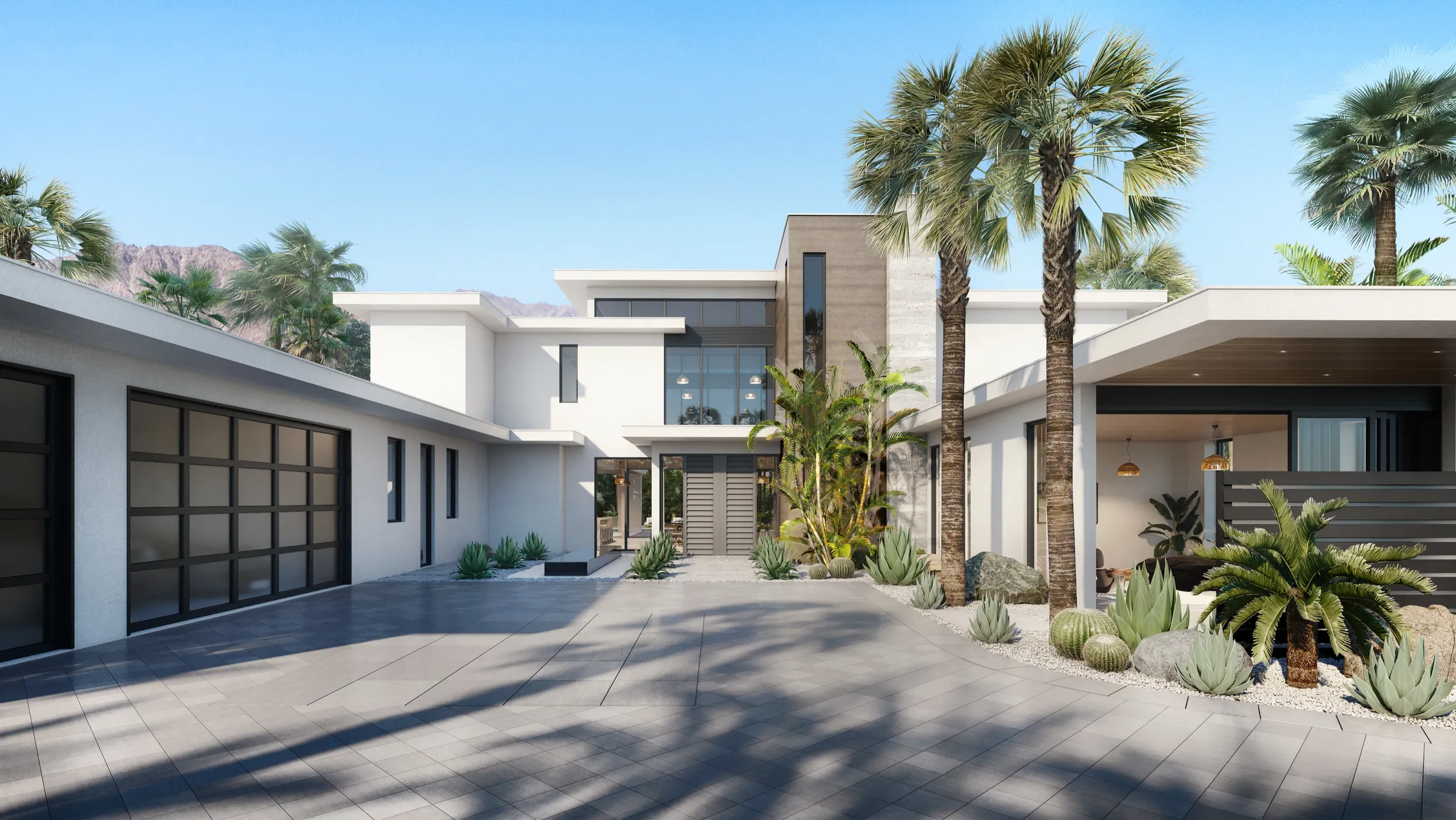 Daytime 3D rendering of the front of Pike Place Home A, a two-story modern desert home with a gray paver motor court, glass garage doors, palms, and desert mountains behind.