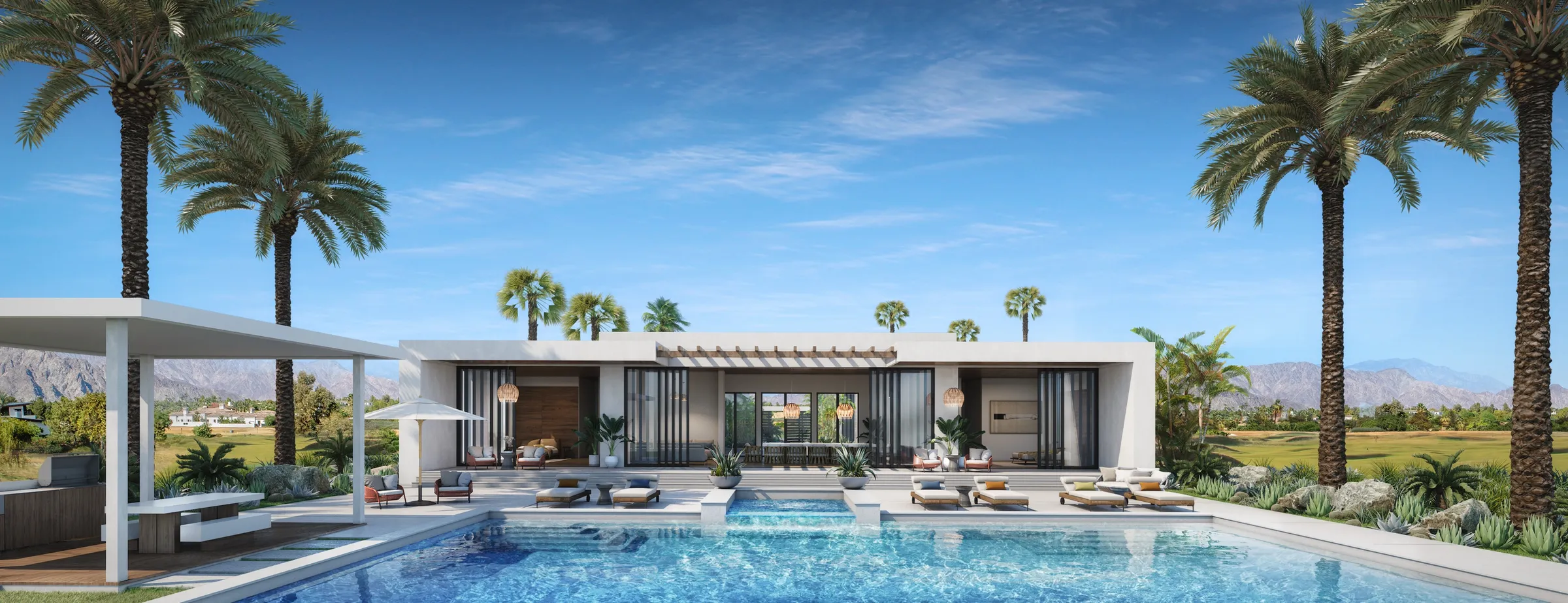 Wide panoramic 3D rendering of the rear of Pike Place Home B, with a pool, a covered terrace, and a golf and desert-mountain backdrop.