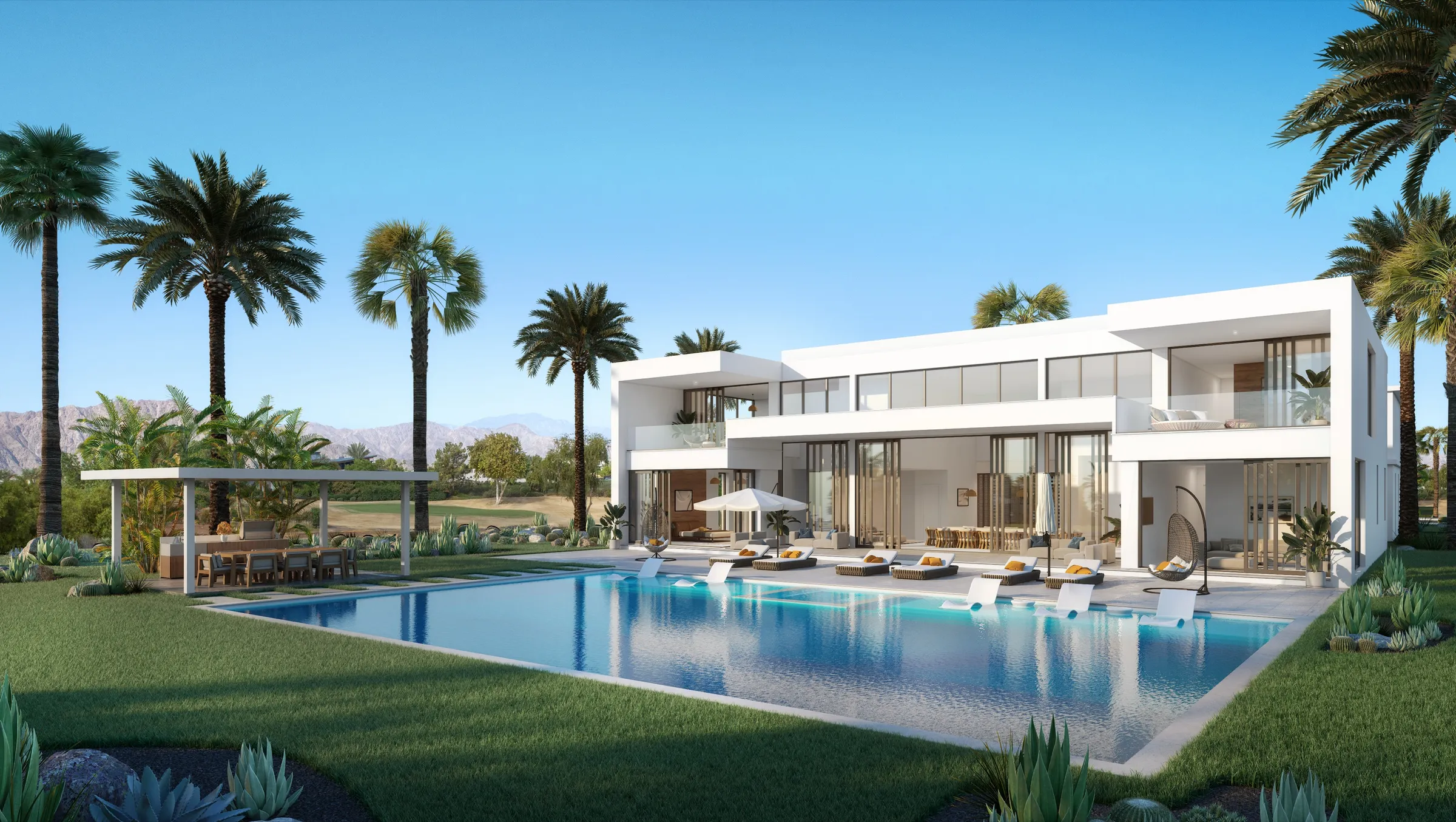 3D rendering of the rear of Pike Place Home C, a two-story modern home opening to a pool, with palms, golf, and desert mountains beyond.