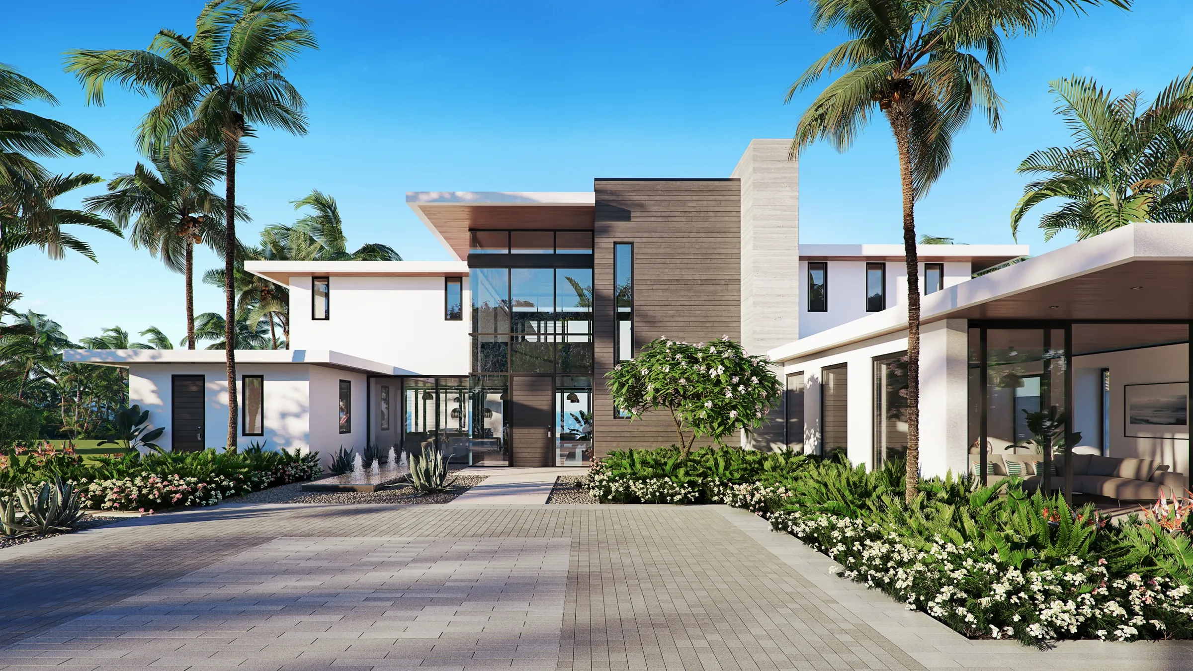 3D rendering of the entrance of a Playa Grande coastal villa, with a paved motor court, linear fountains, white modern massing with wood-clad volumes, and framing palms.