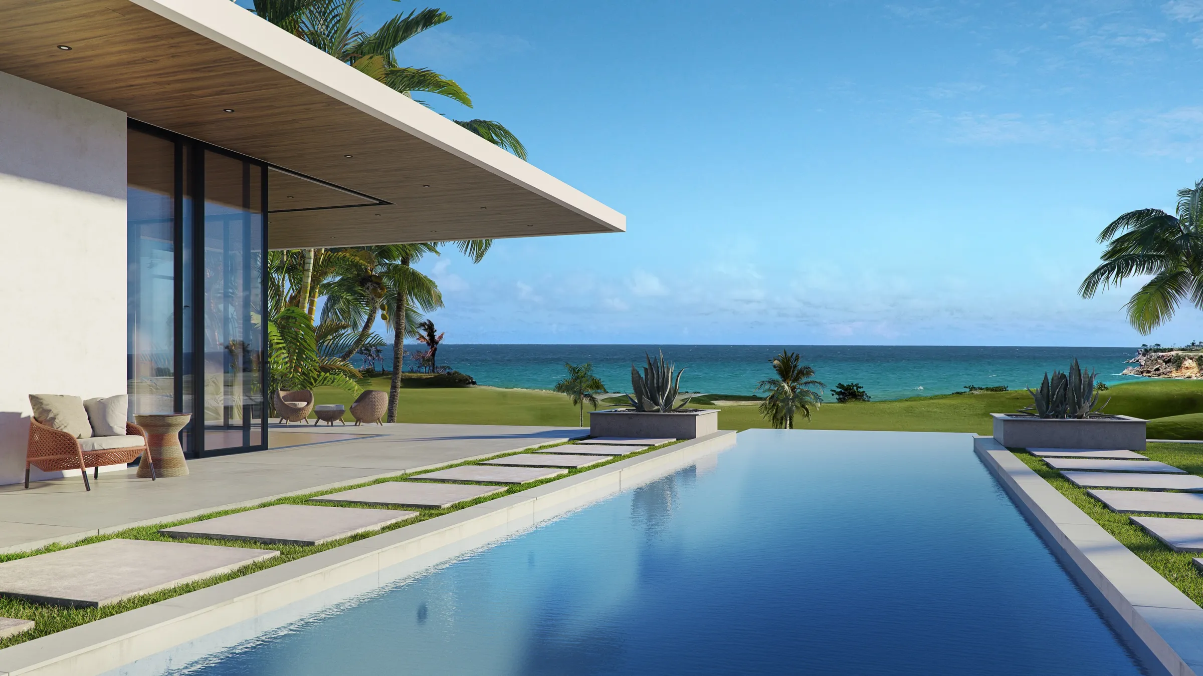Poolside 3D rendering of a Playa Grande coastal villa in the Dominican Republic, looking past a cantilevered roof and an infinity pool to the ocean and a coastal golf course beyond.