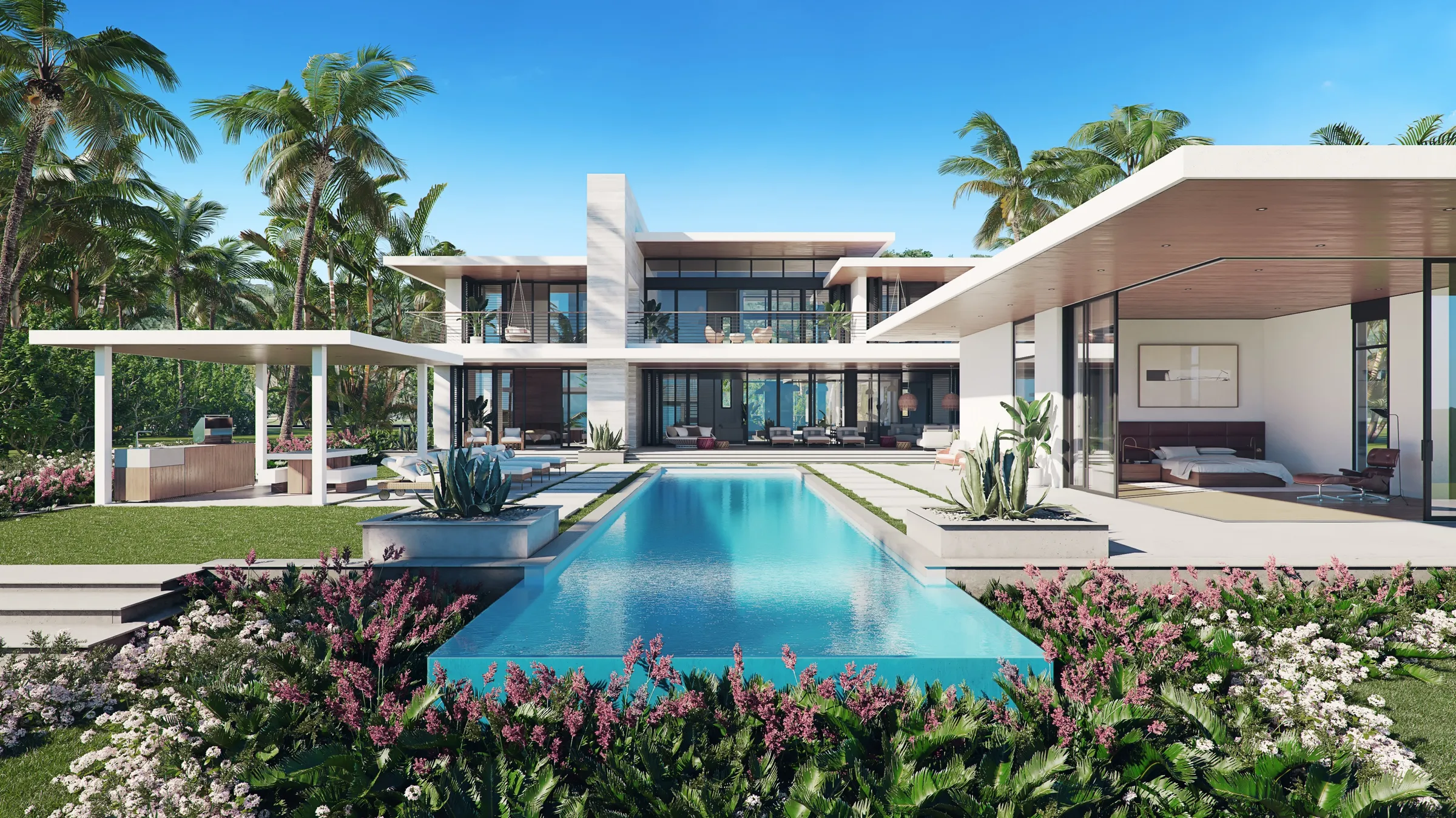 3D rendering of the rear of a Playa Grande coastal villa, with a long infinity pool, flowering planting, lawns, an open-air bedroom pavilion, and palms against a blue sky.