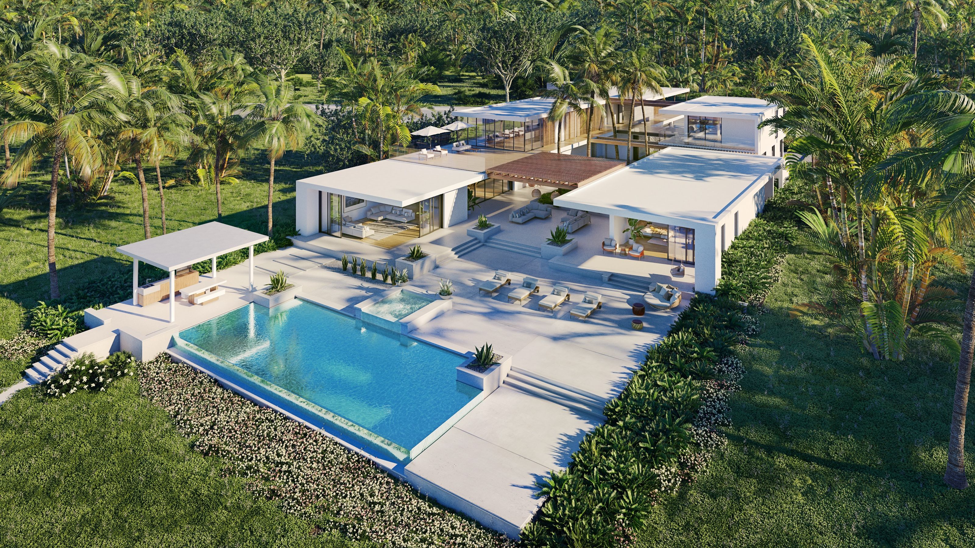 Aerial 3D rendering of a coastal villa with pool and grounds set among palm groves at Playa Grande in the Dominican Republic