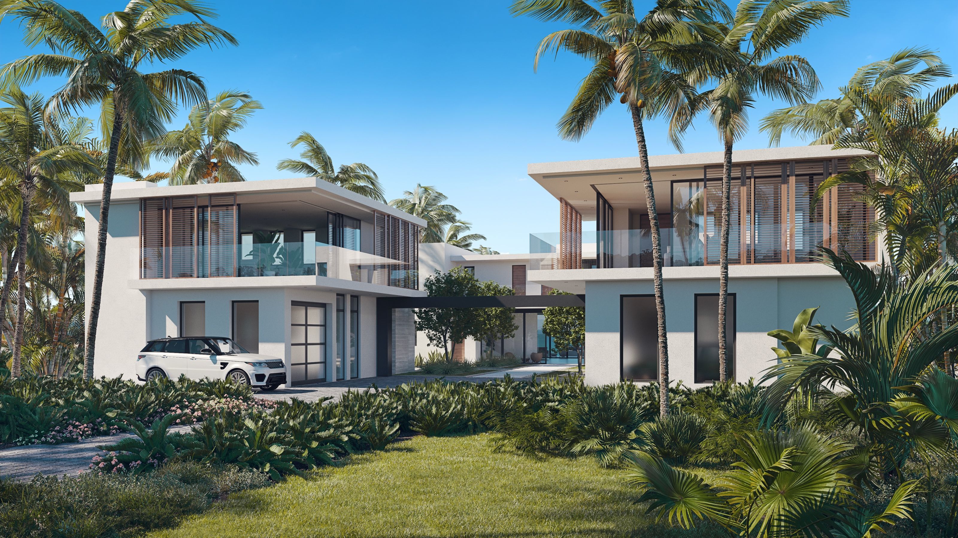 3D interior rendering of a bungalow great room at the Driftwood golf community near Austin, with a sofa, dining area, open kitchen, and a balcony overlooking trees