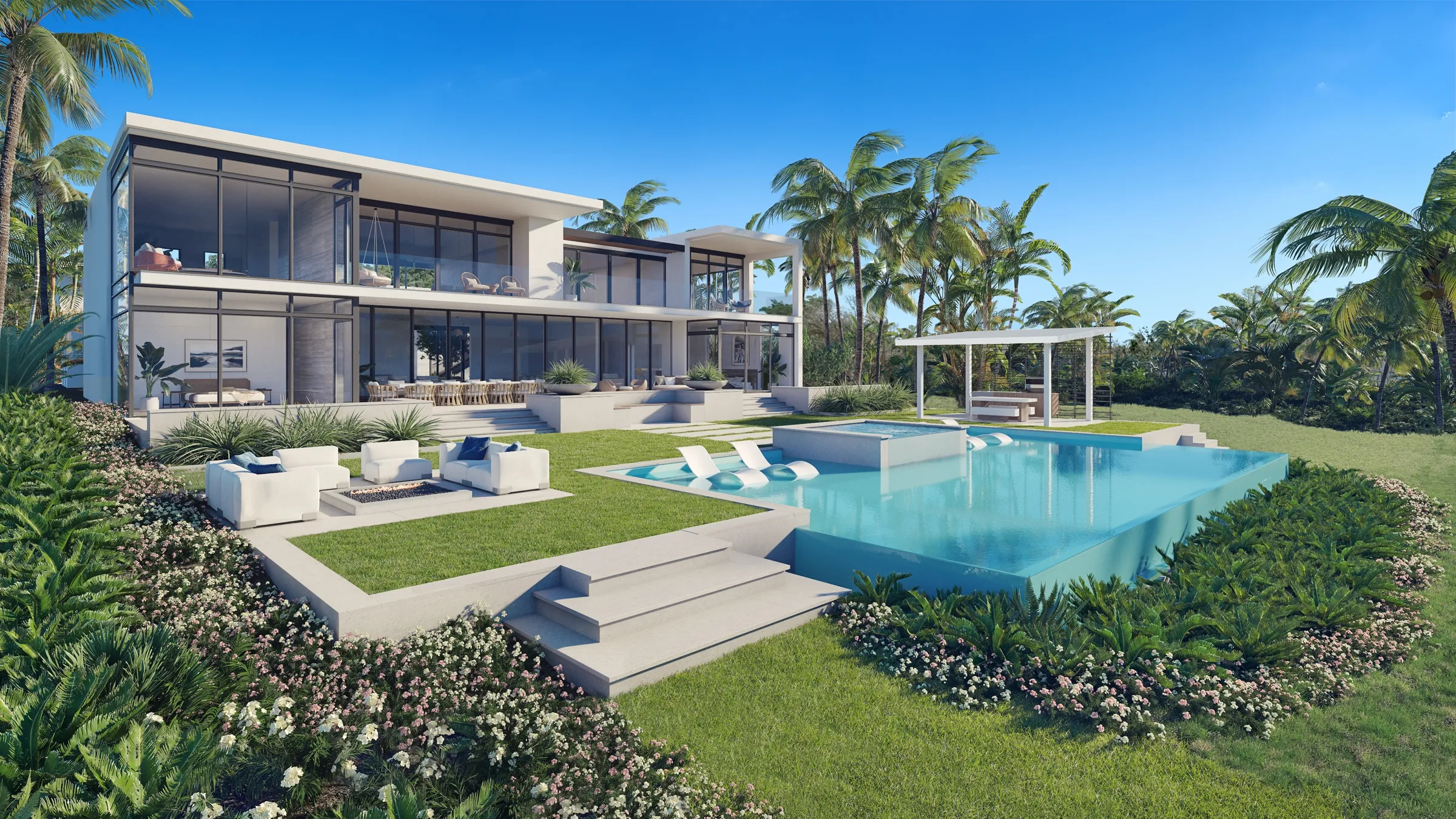 3D rendering of the rear of the third Playa Grande villa, with an infinity pool, a sunken fire-pit lounge, lawns, and flowering garden beds.