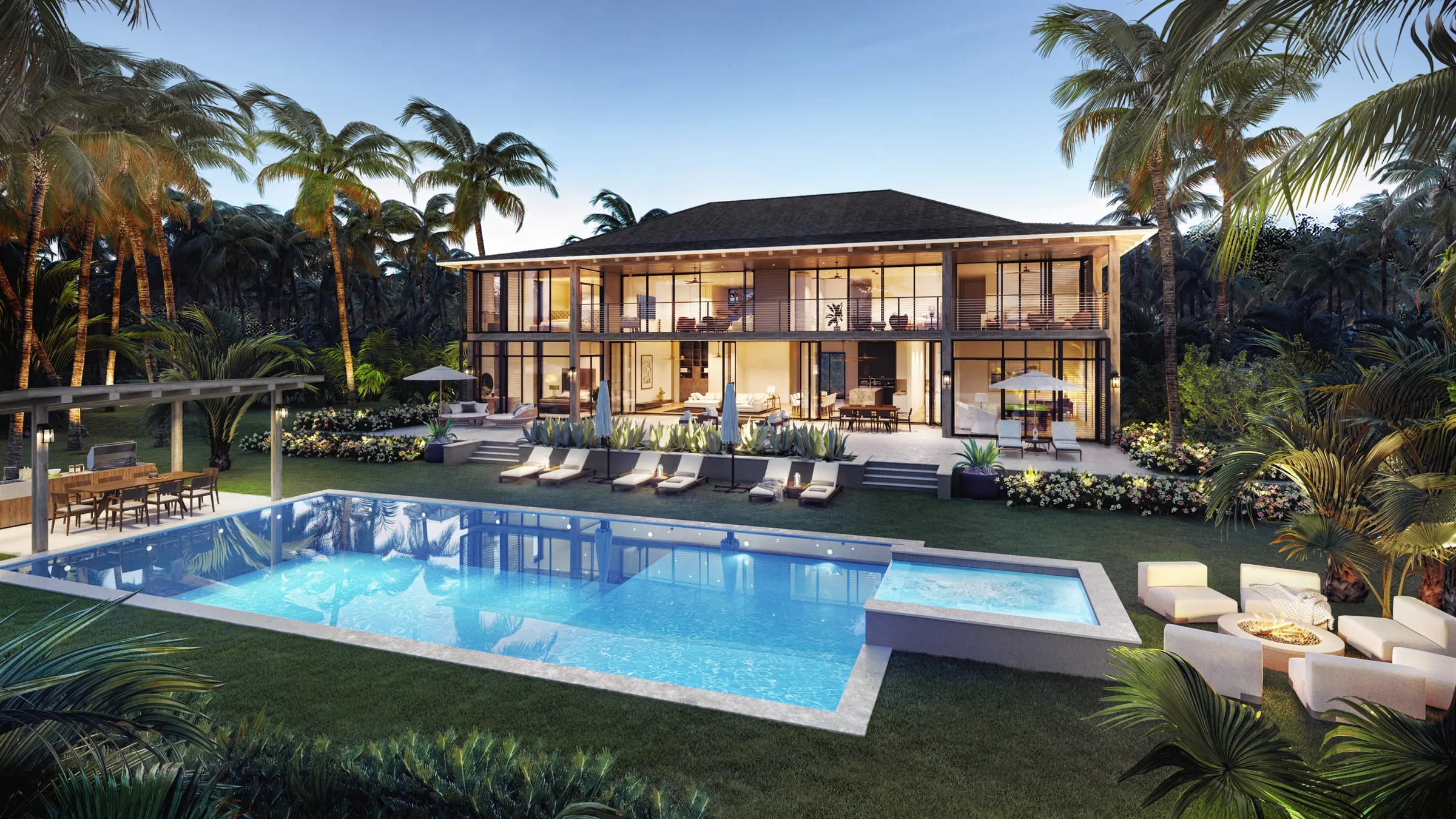 Dusk 3D rendering of a two-story hip-roof tropical villa at Playa Grande, seen from the rear lawn with a pool, spa, loungers, fire-pit seating, and warm lit interiors, framed by palms.