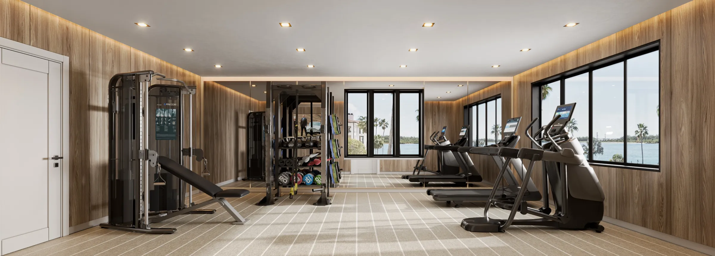 3D rendering of a wood-paneled private home gym with a cable machine, an adjustable bench, and a row of treadmills along a window framing a waterfront view.