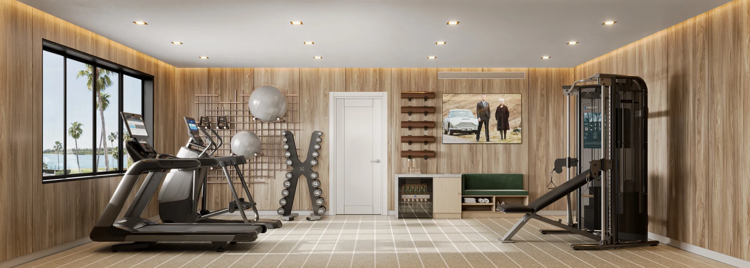 3D rendering of a second angle of the private home gym, showing treadmills, a medicine-ball rack, a cable machine, and framed artwork on the wood-paneled wall.