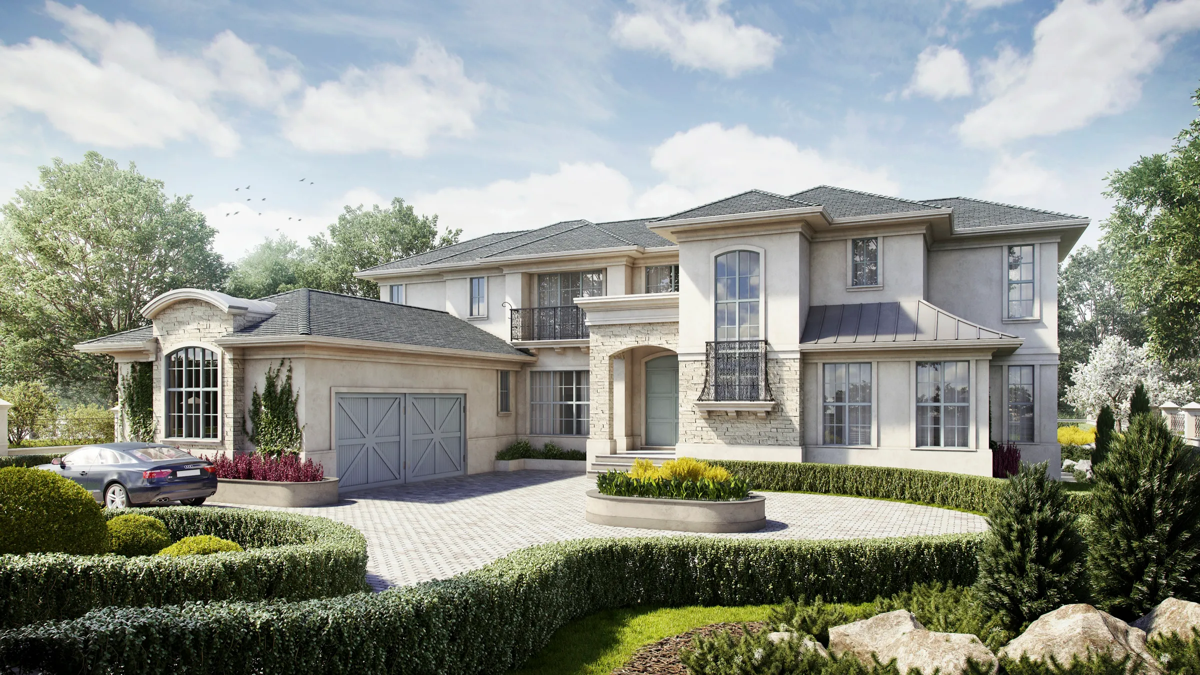Photorealistic 3D rendering by NoTriangle Studio of a house on Pyrford Road, West Vancouver, a cream two-storey French-inspired home with a stone arched entry, iron Juliet balcony, hipped roofs and a paved forecourt framed by clipped hedges.