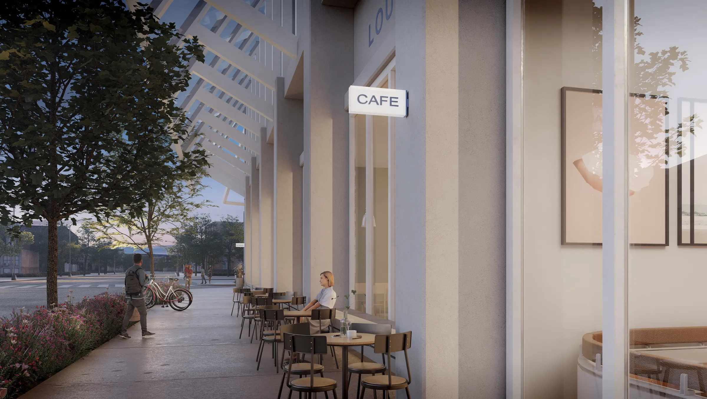 3D rendering of a sidewalk cafe under the glass canopy of Ray Nashville on Lafayette Street at dusk