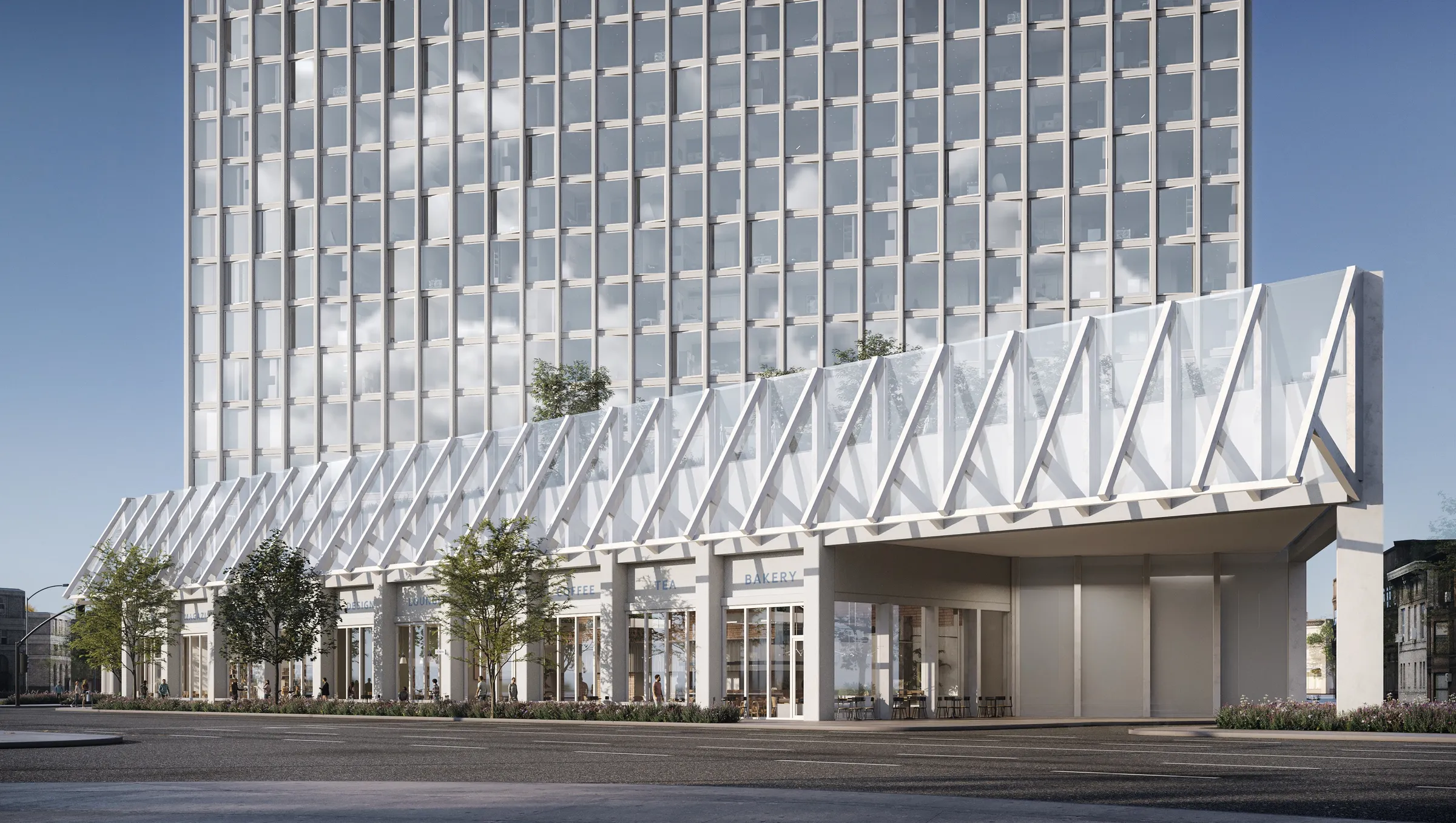 3D rendering of the Ray Nashville tower above its sawtooth glass podium canopy on Lafayette Street, Nashville