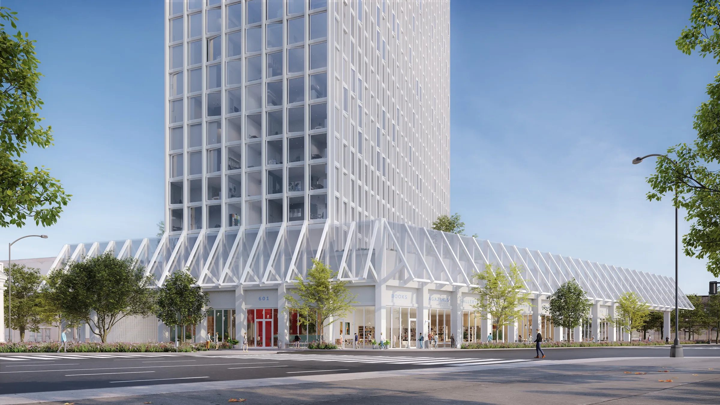 3D rendering of Ray Nashville from Lafayette Street, the tower rising above a sawtooth glass canopy that shelters ground-floor retail and street trees
