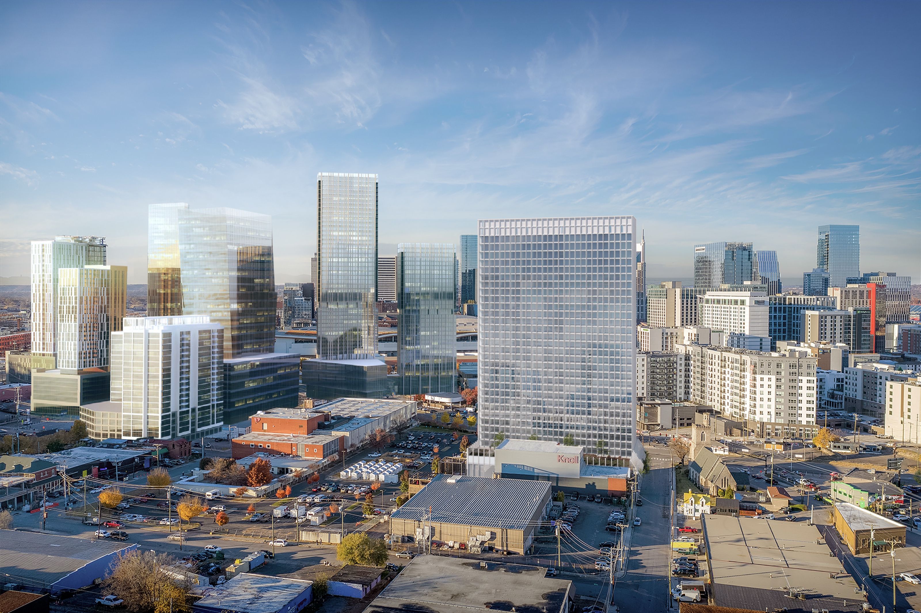 3D rendering of the 32-story Ray Nashville tower rising over the Pie Town district, set against the downtown Nashville skyline near Lower Broadway.