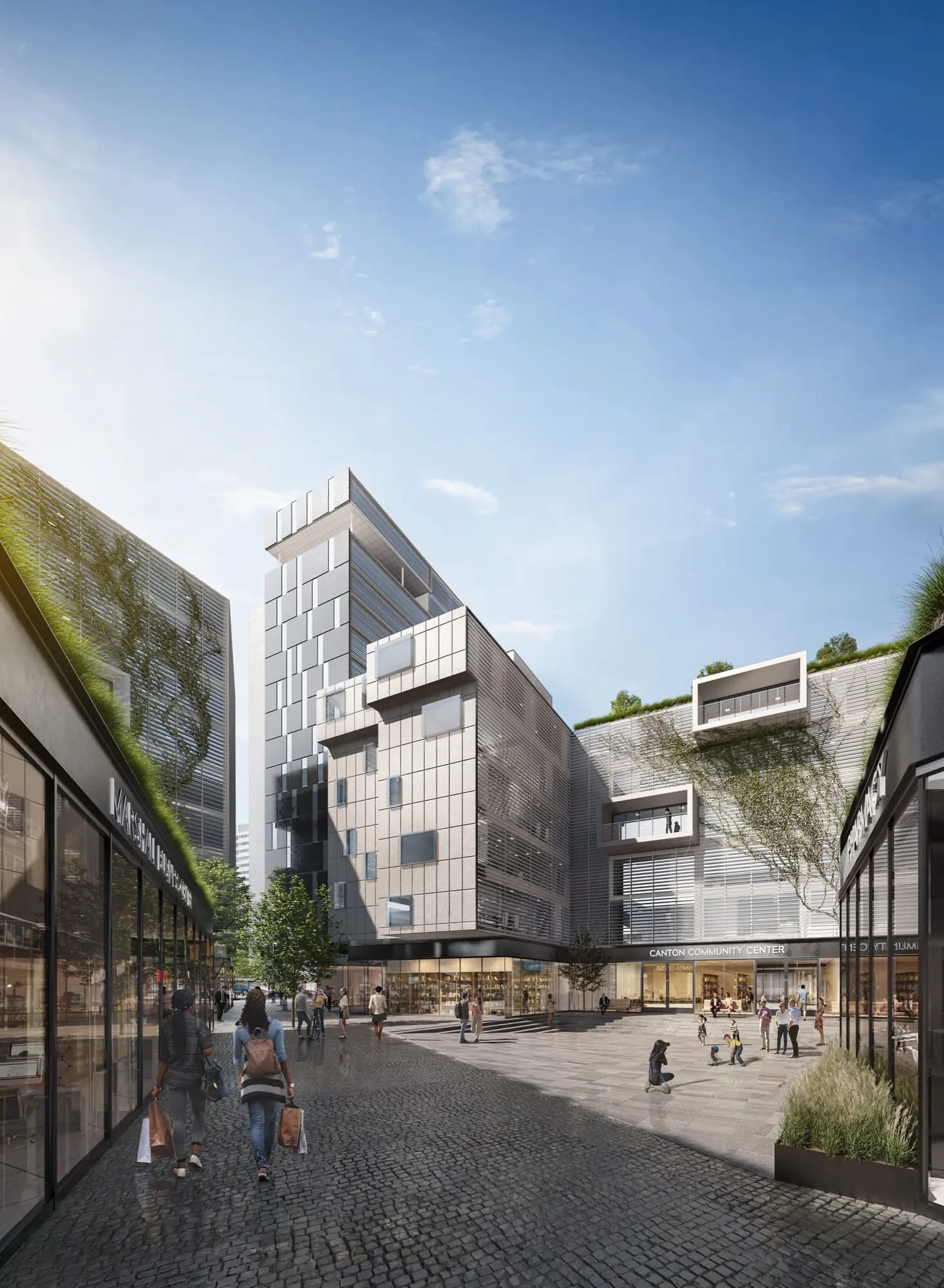 3D rendering of the community courtyard at the Re-Vision Dallas concept, a paved lane between planted terraces and glass volumes