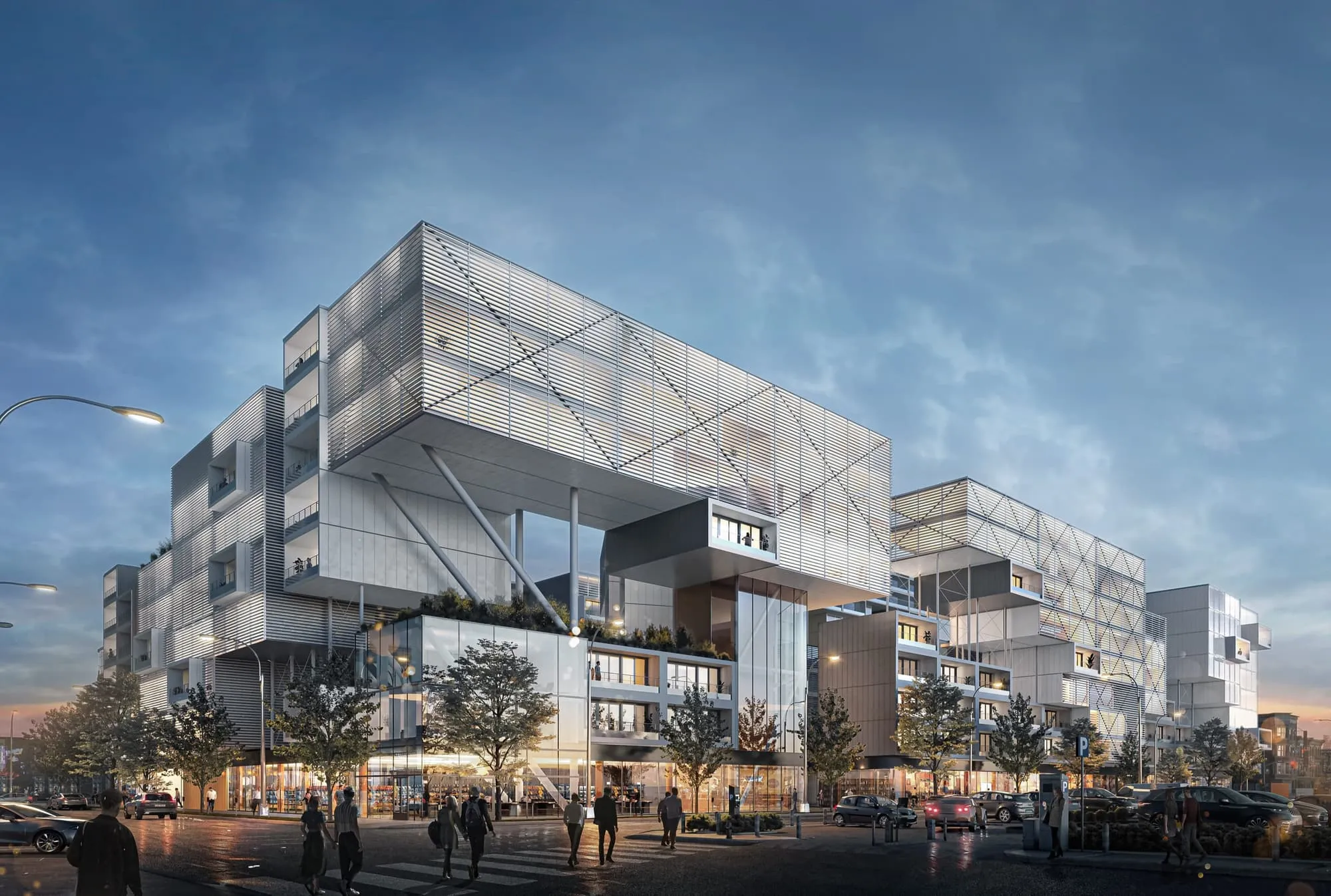 Street-level 3D rendering of the Re-Vision Dallas concept, stacked translucent residential blocks above shops and a sidewalk.