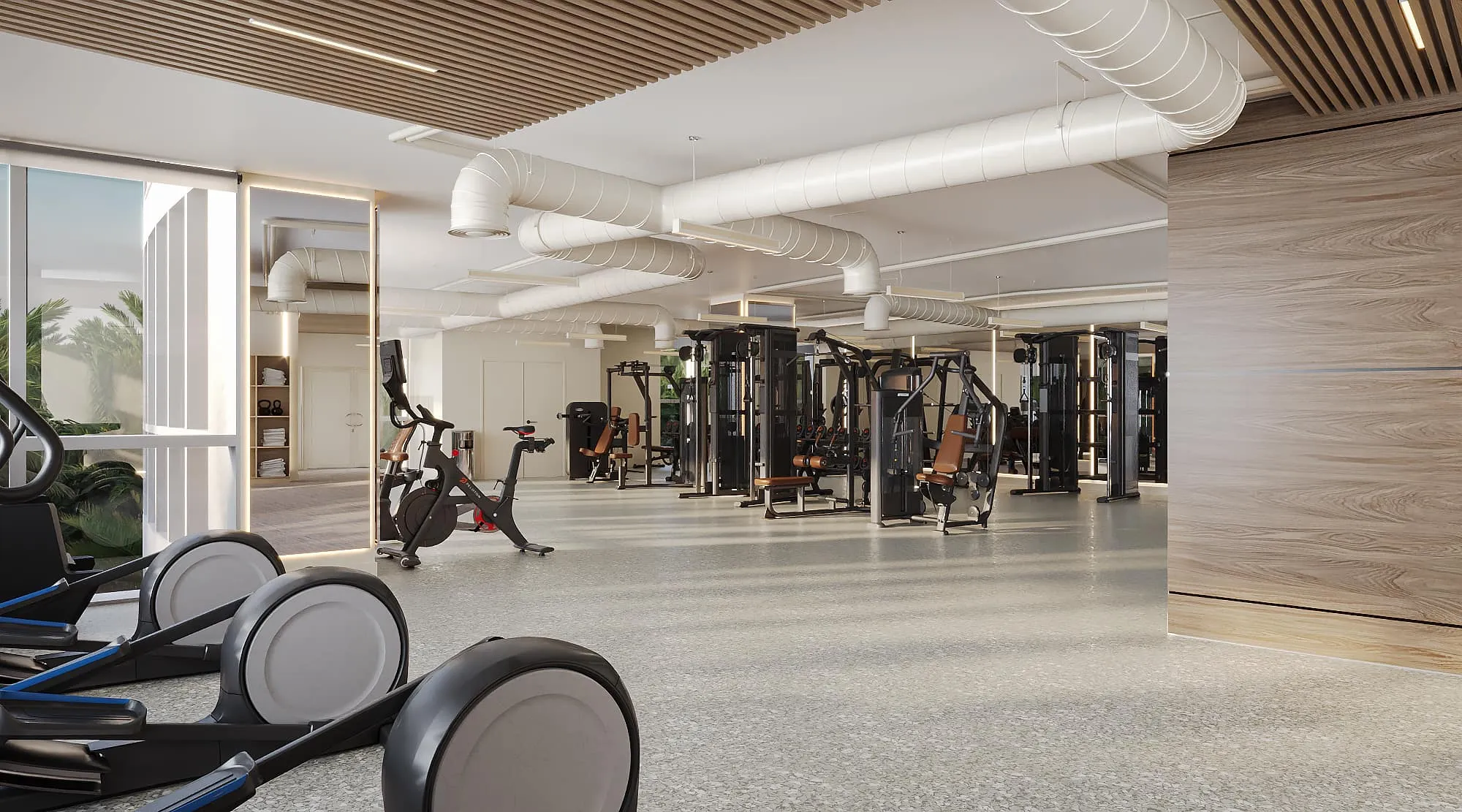 3D rendering of a residential-tower fitness center, with cardio machines and strength stations beneath exposed white spiral ductwork and wood-slat ceiling accents, shown with a light terrazzo floor.
